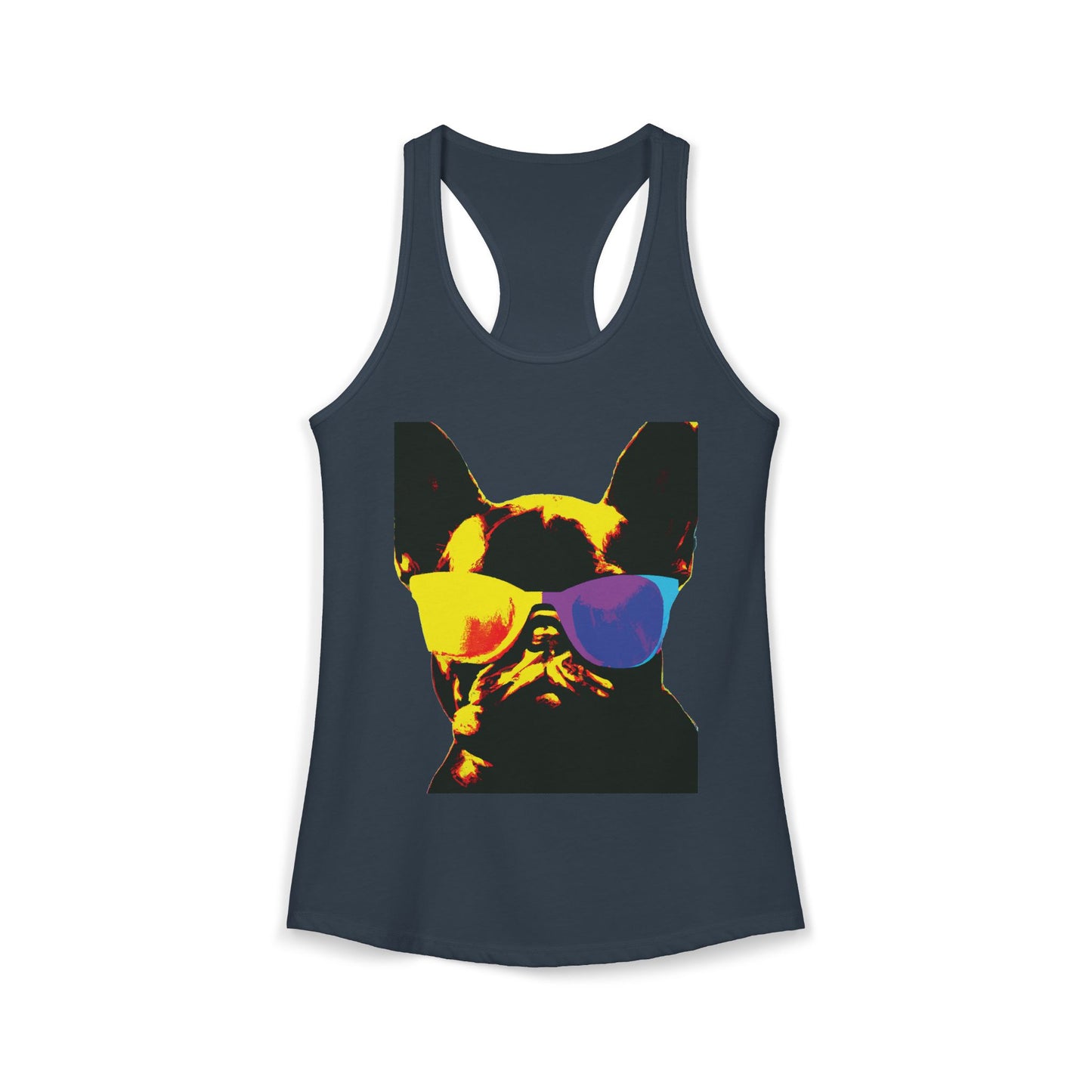 Gold Frenchie Graphic Racerback Tank — "Cool Glasses" French Bulldog Design