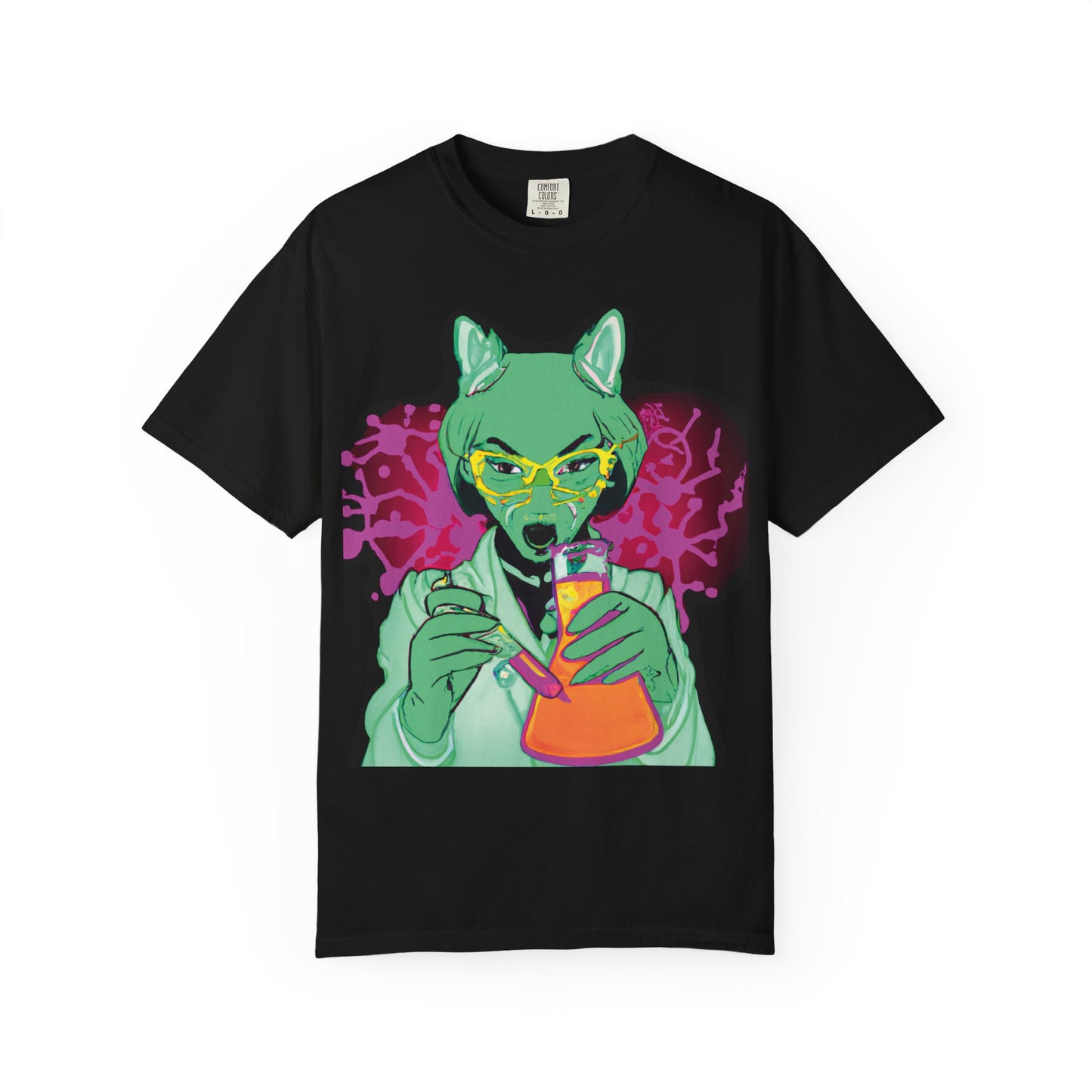Psychedelic Fox Chemist T-Shirt — Green Fox with Beaker Graphic