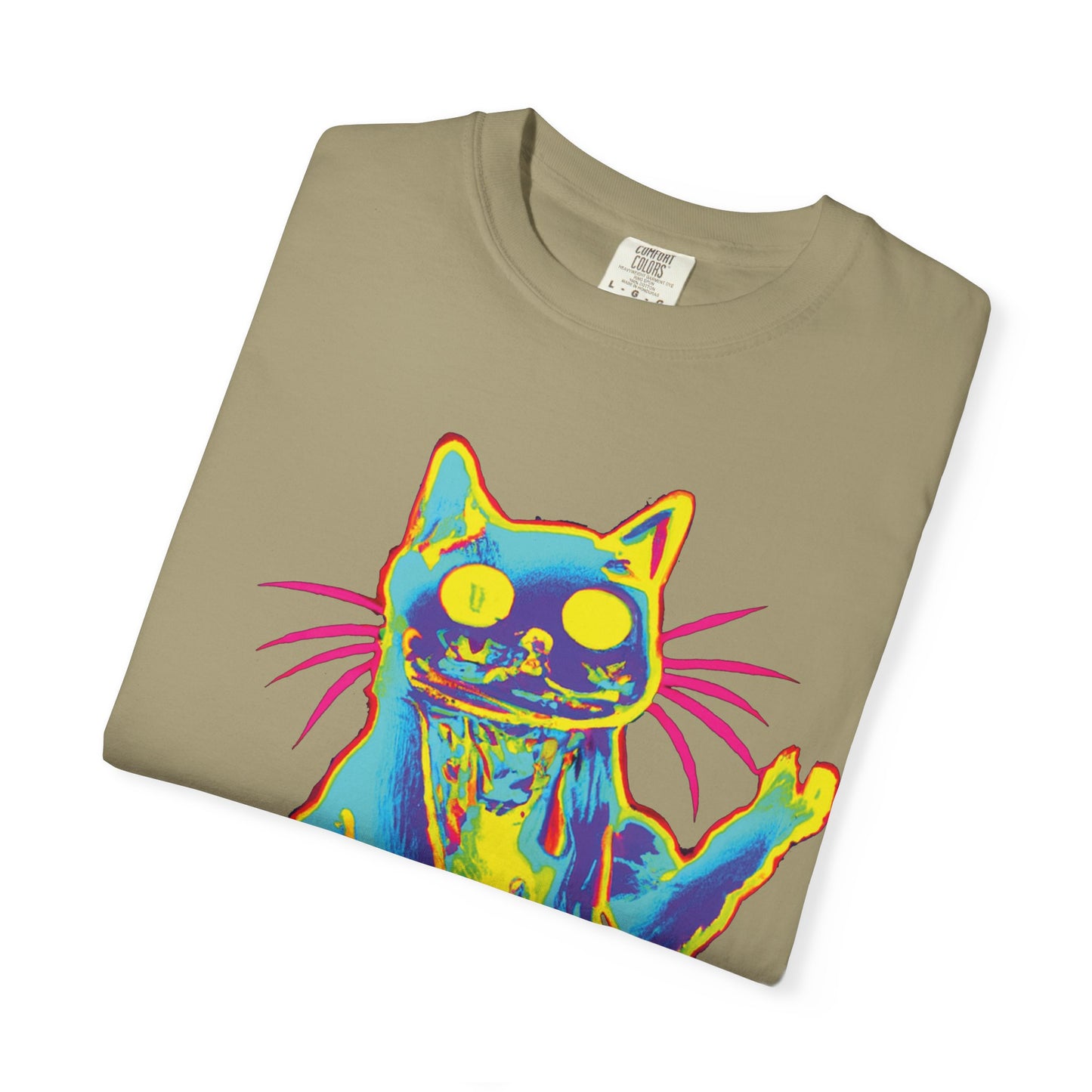 Psychedelic Cat Graphic T-Shirt — Retro Neon Cat Front + 'PLURR0UT.com' Back