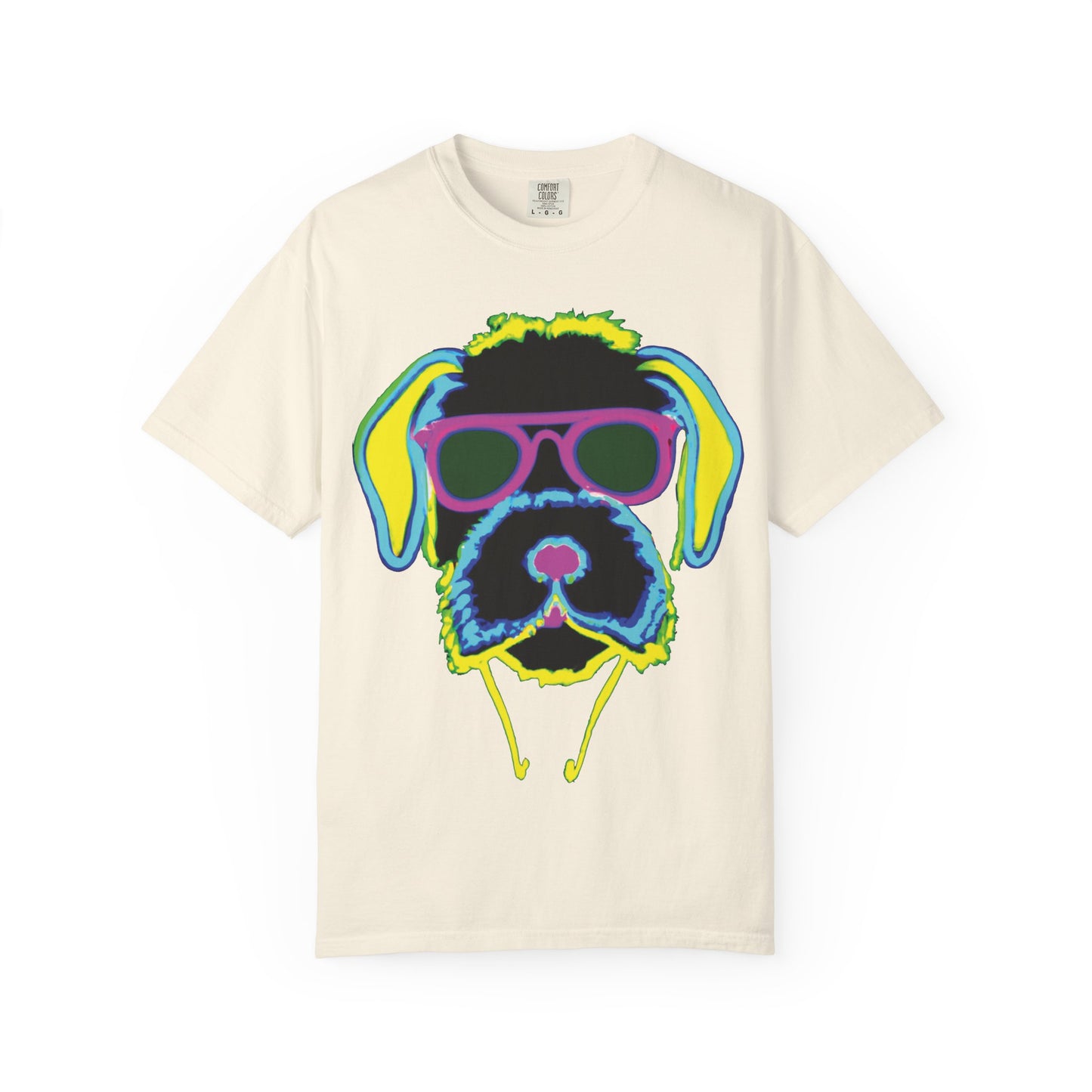 Neon Cool Dog Graphic T-Shirt — Sunglasses Pup Tee with PlurOut Backprint