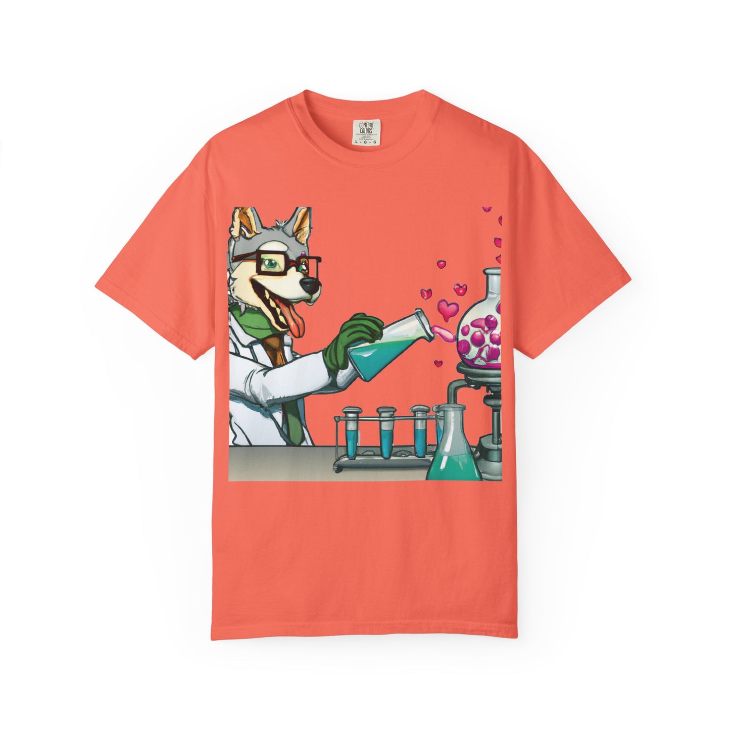 Chemist Dog T-Shirt — Cute Lab Scientist Pouring Love (Plurout.com Back Print)