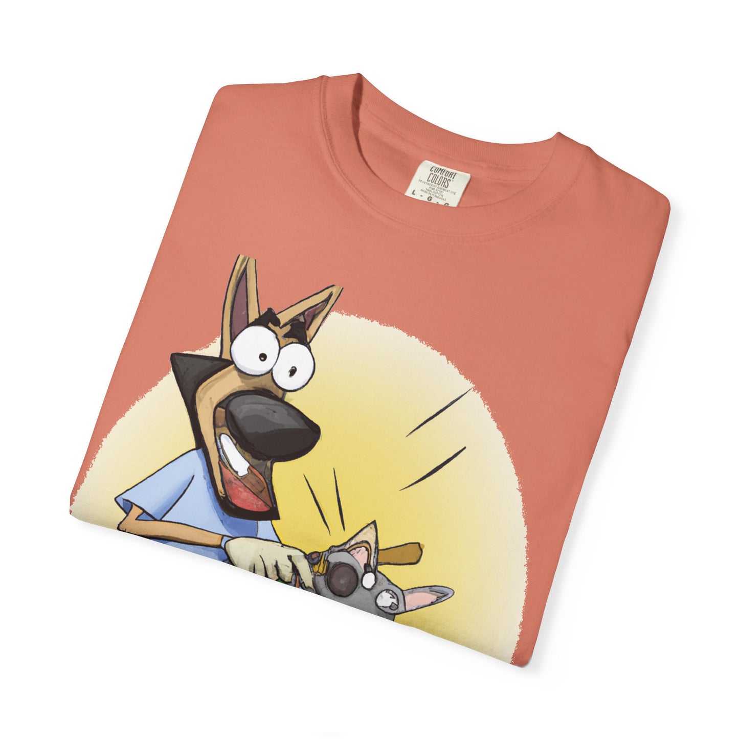 Funny Vet Dog T-Shirt — Cartoon Dog Grooming with 'PLuROUT.com' Back Print