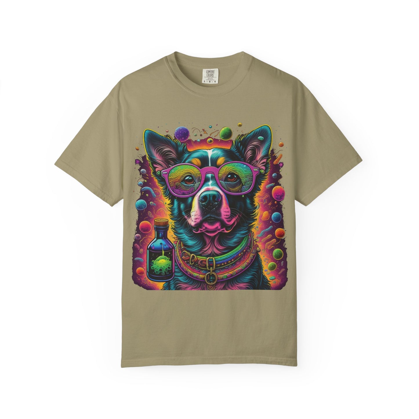 Psychedelic Dog Graphic T-Shirt — Vibrant Neon Pup Art Tee