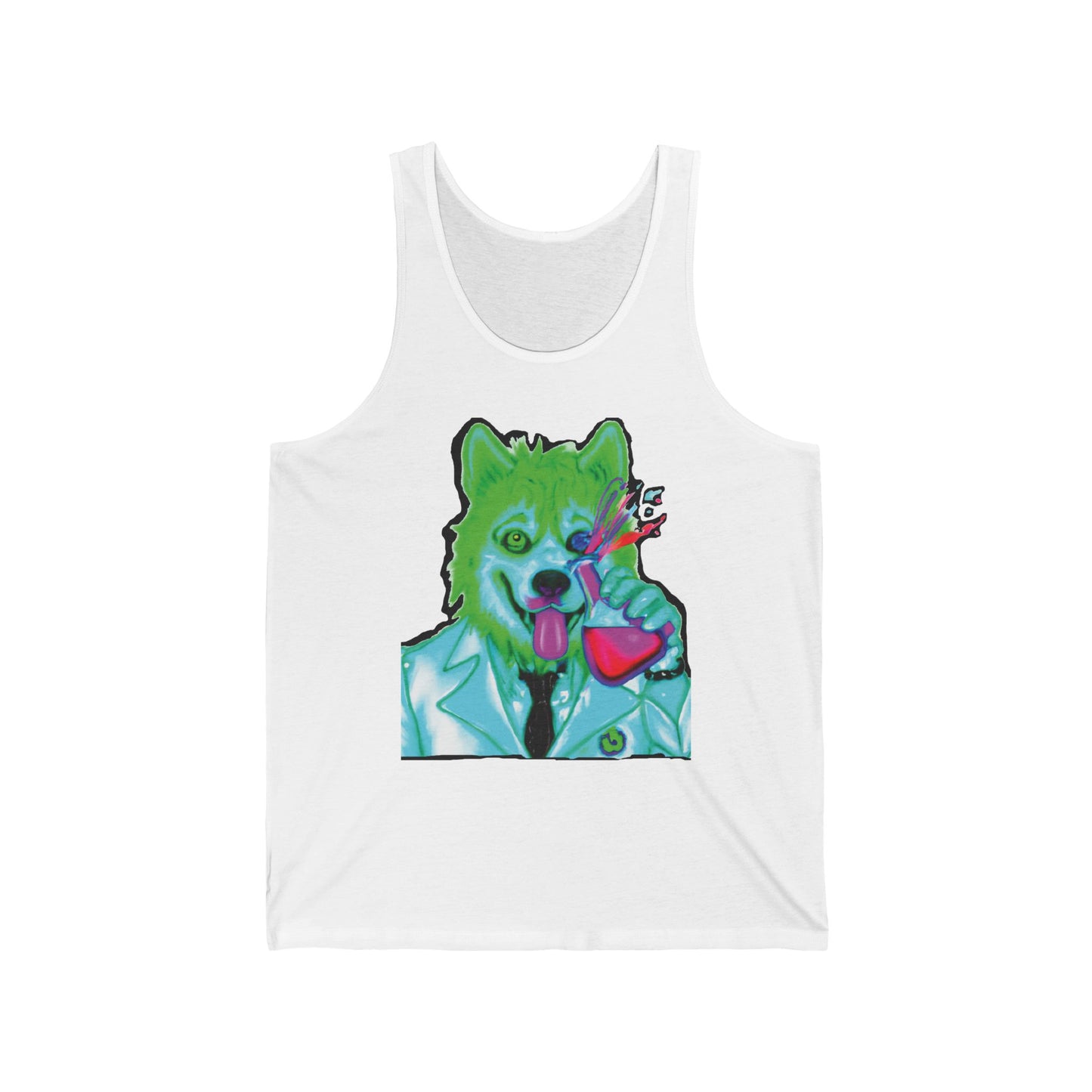 Neon Canine Scientist Tank Top — Vibrant Dog in Lab Coat Graphic Tank