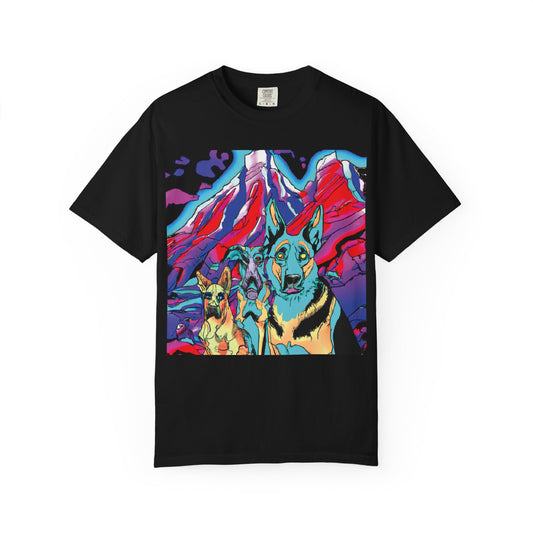 Psychedelic Mountain German Shepherd T-Shirt — Colorful Graphic Tee with Bold Back Script