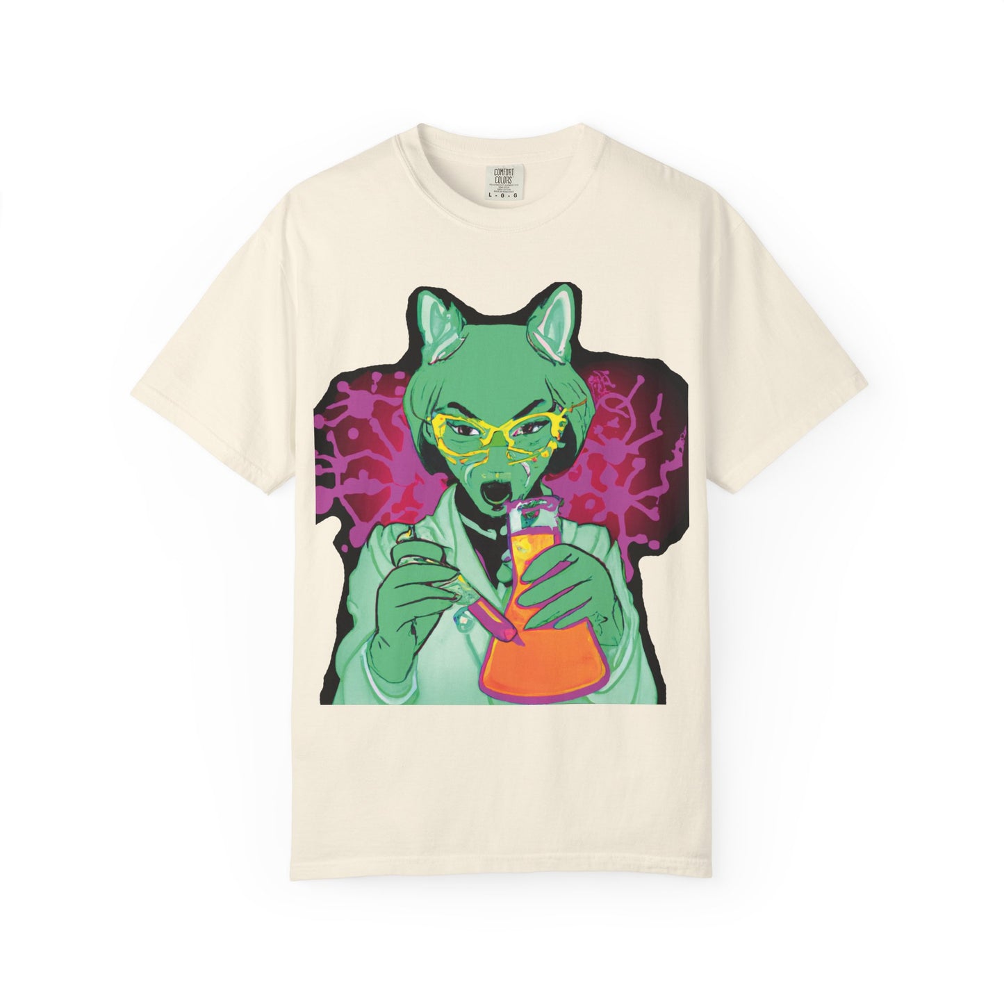 Psychedelic Fox Chemist T-Shirt — Green Fox with Beaker Graphic