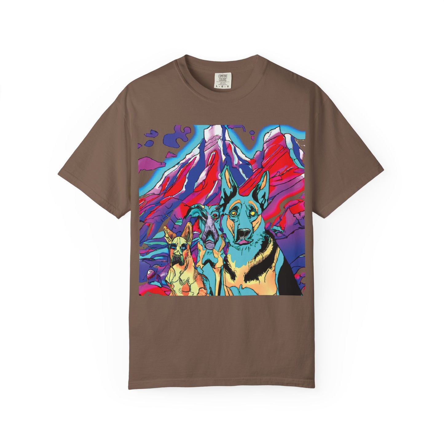Psychedelic Mountain German Shepherd T-Shirt — Colorful Graphic Tee with Bold Back Script