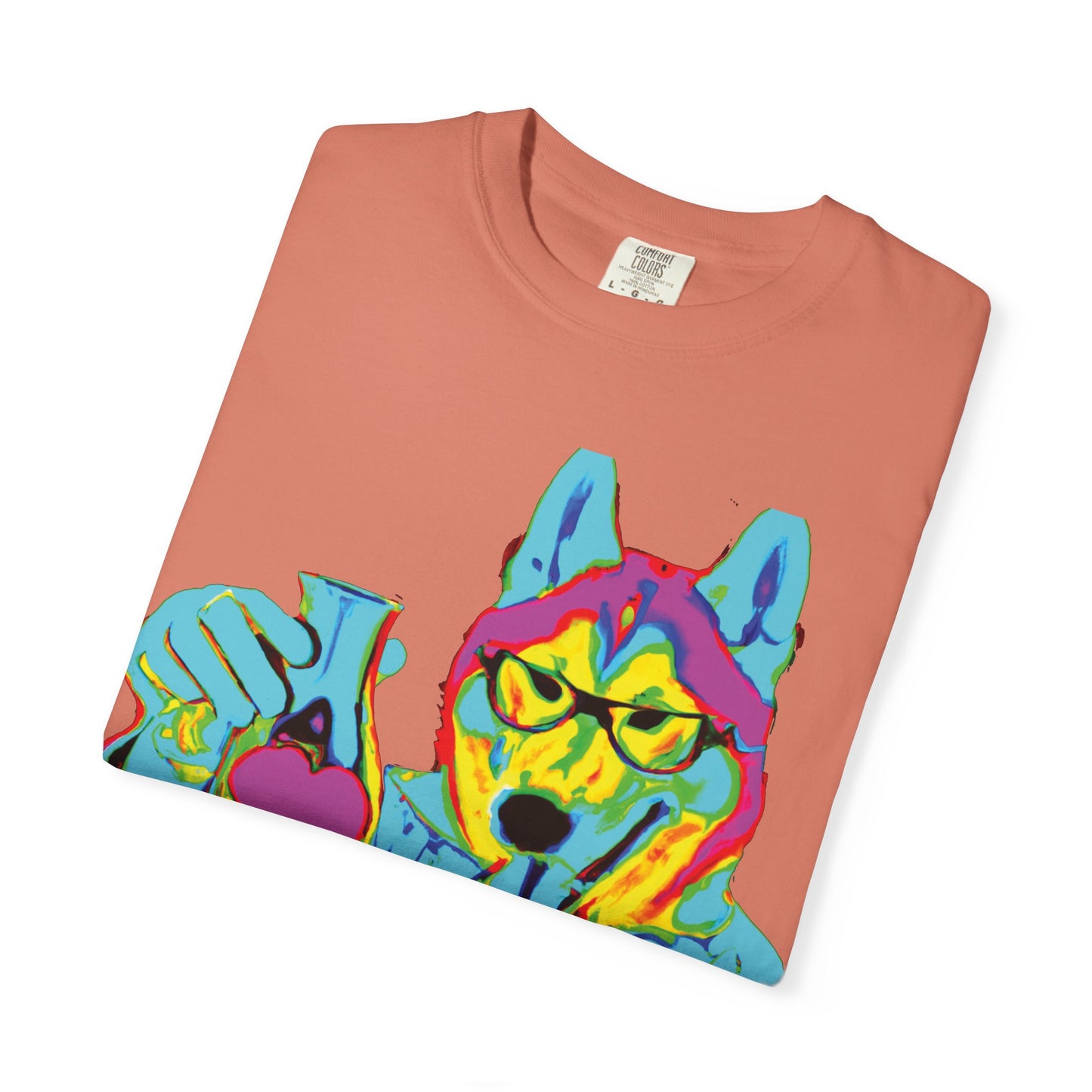 Psychedelic Husky Graphic T-Shirt — Colorful Scientist Dog Design