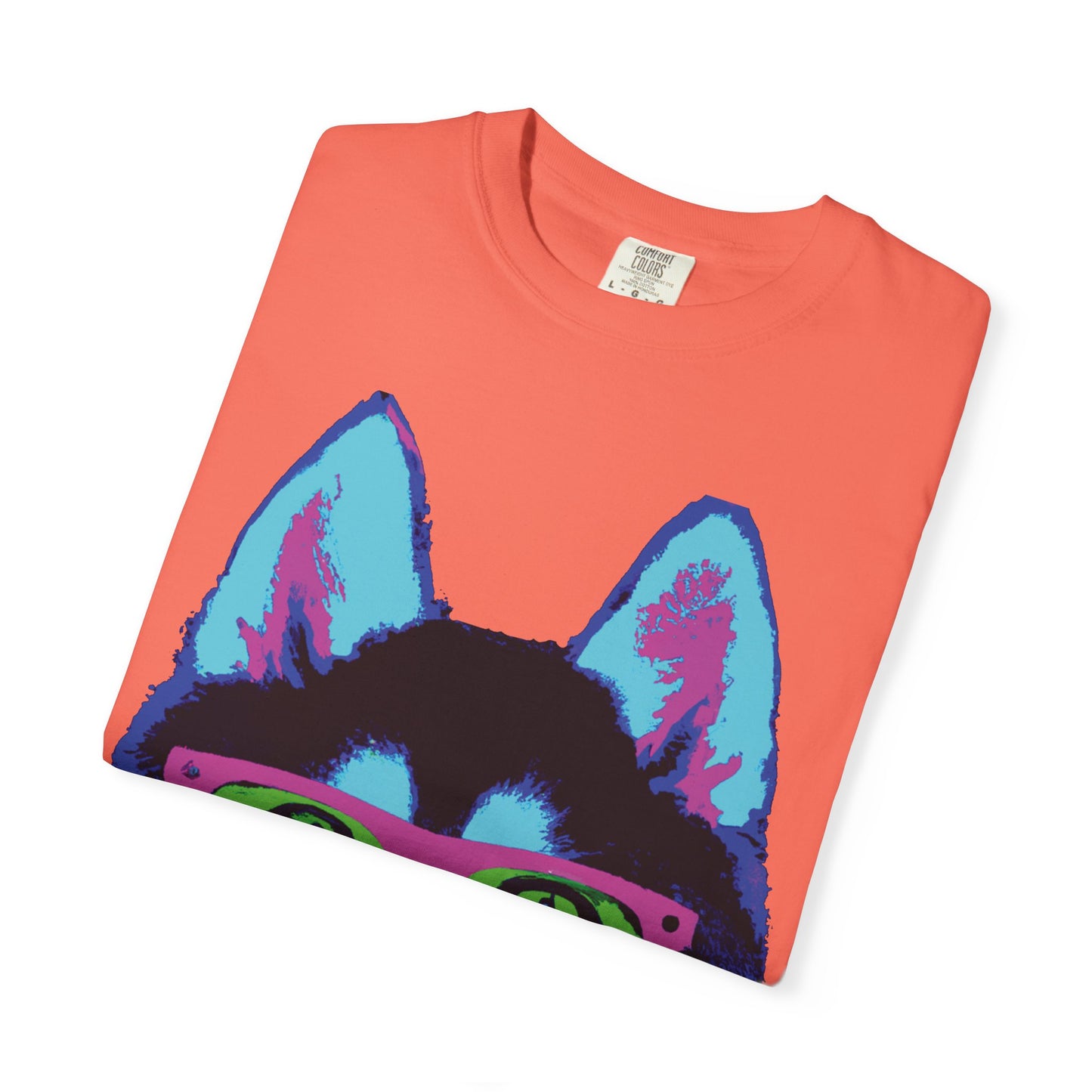 Pop Art Husky T-Shirt — Colorful Dog Face with Sunglasses, Back 'PLURout.com' Graphic
