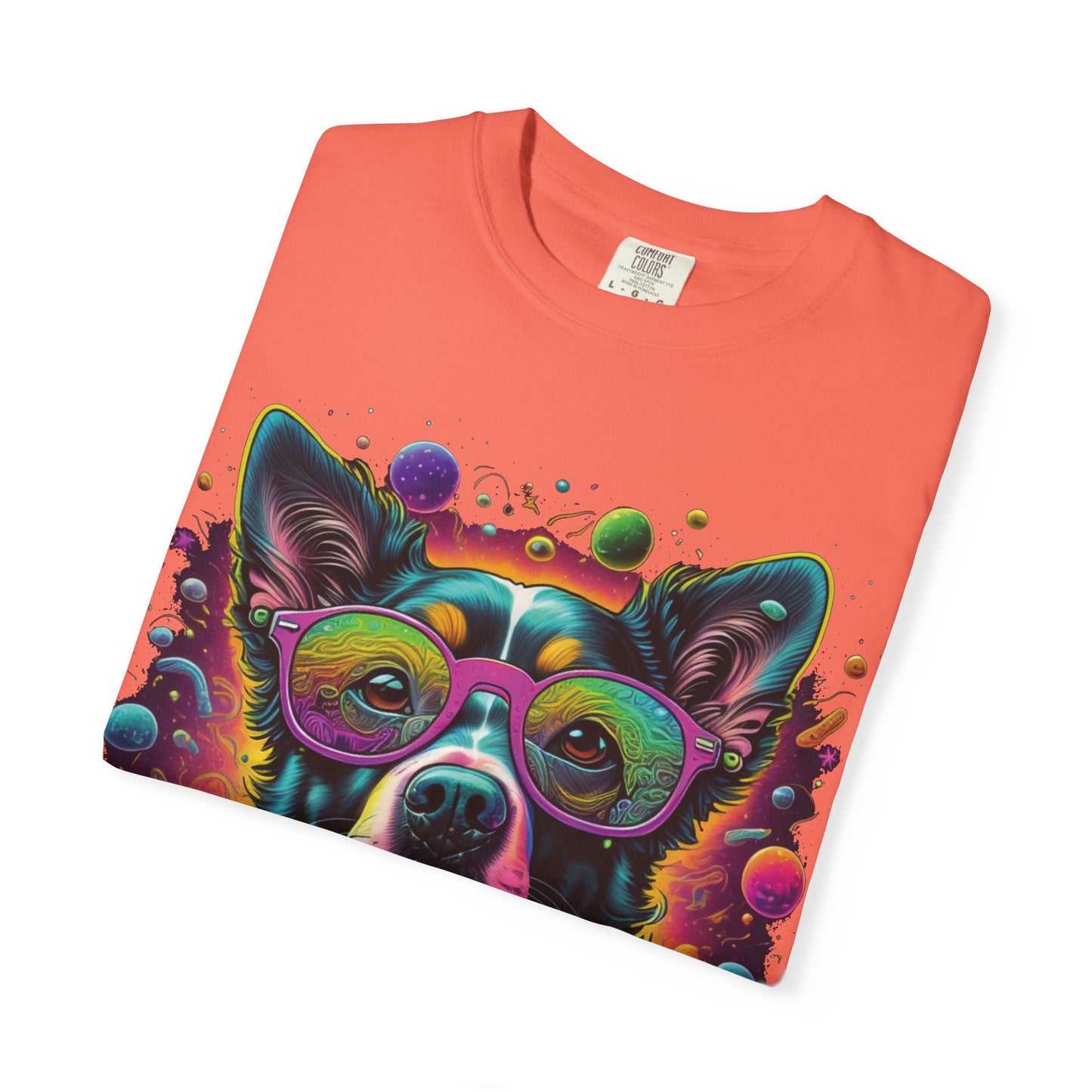 Psychedelic Dog Graphic T-Shirt — Vibrant Neon Pup Art Tee