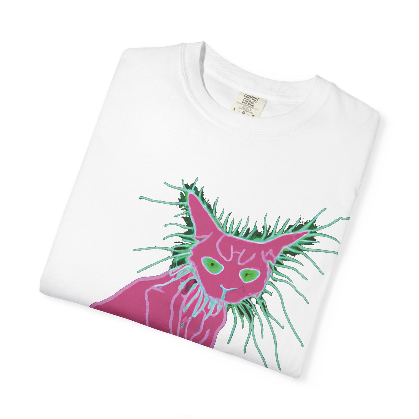 Sphynx Cat Graphic T-Shirt — Neon Pink & Green Punk Cat Design