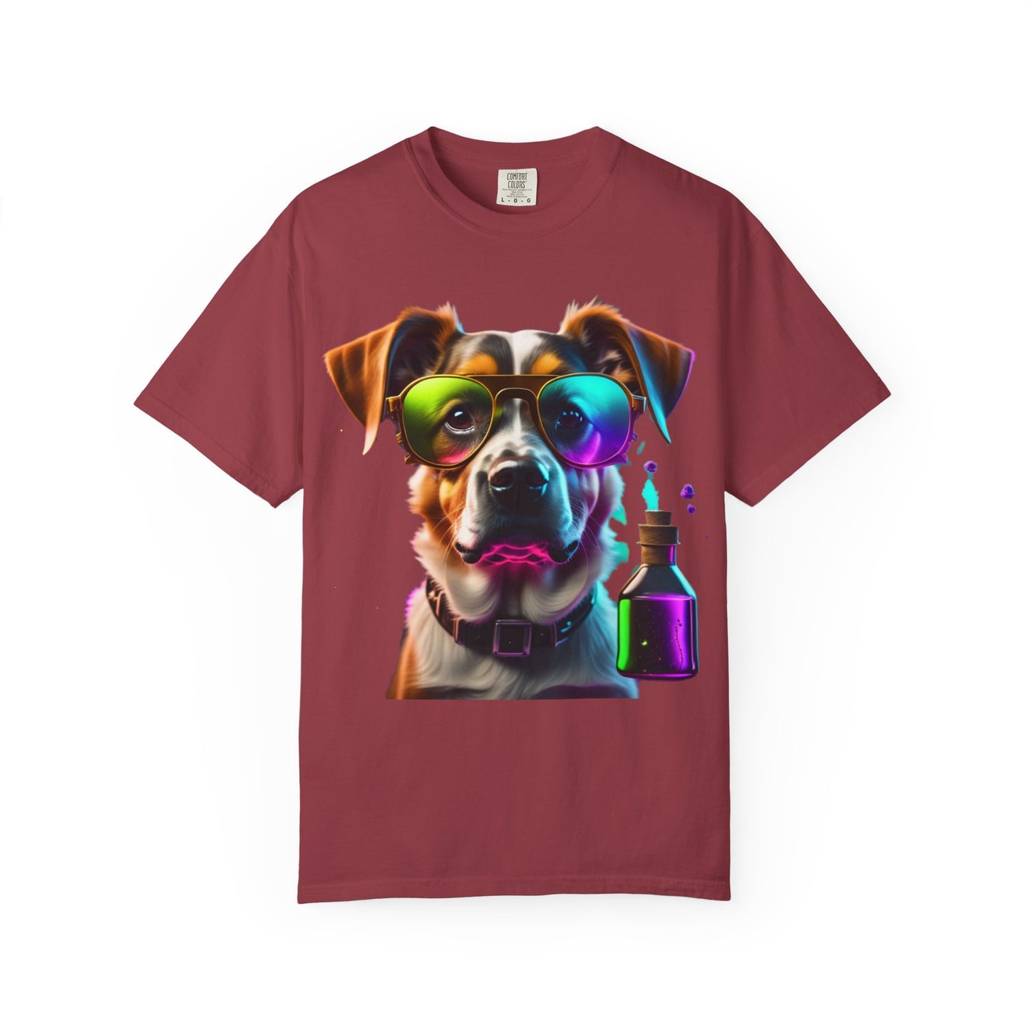 Dog Chemist Graphic T-Shirt — Colorful Lab Pup Design with 'Plurout.com' Backprint