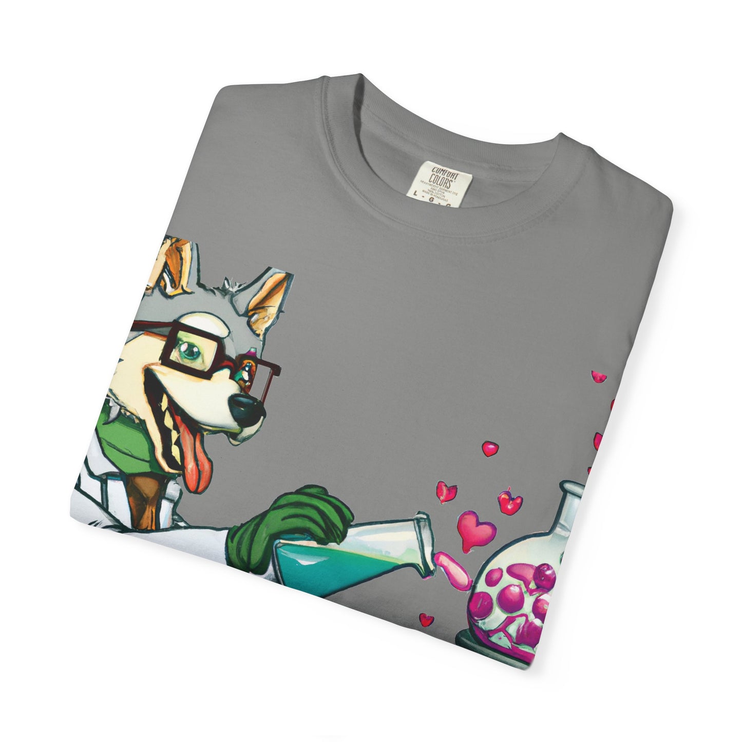 Chemist Dog T-Shirt — Cute Lab Scientist Pouring Love (Plurout.com Back Print)