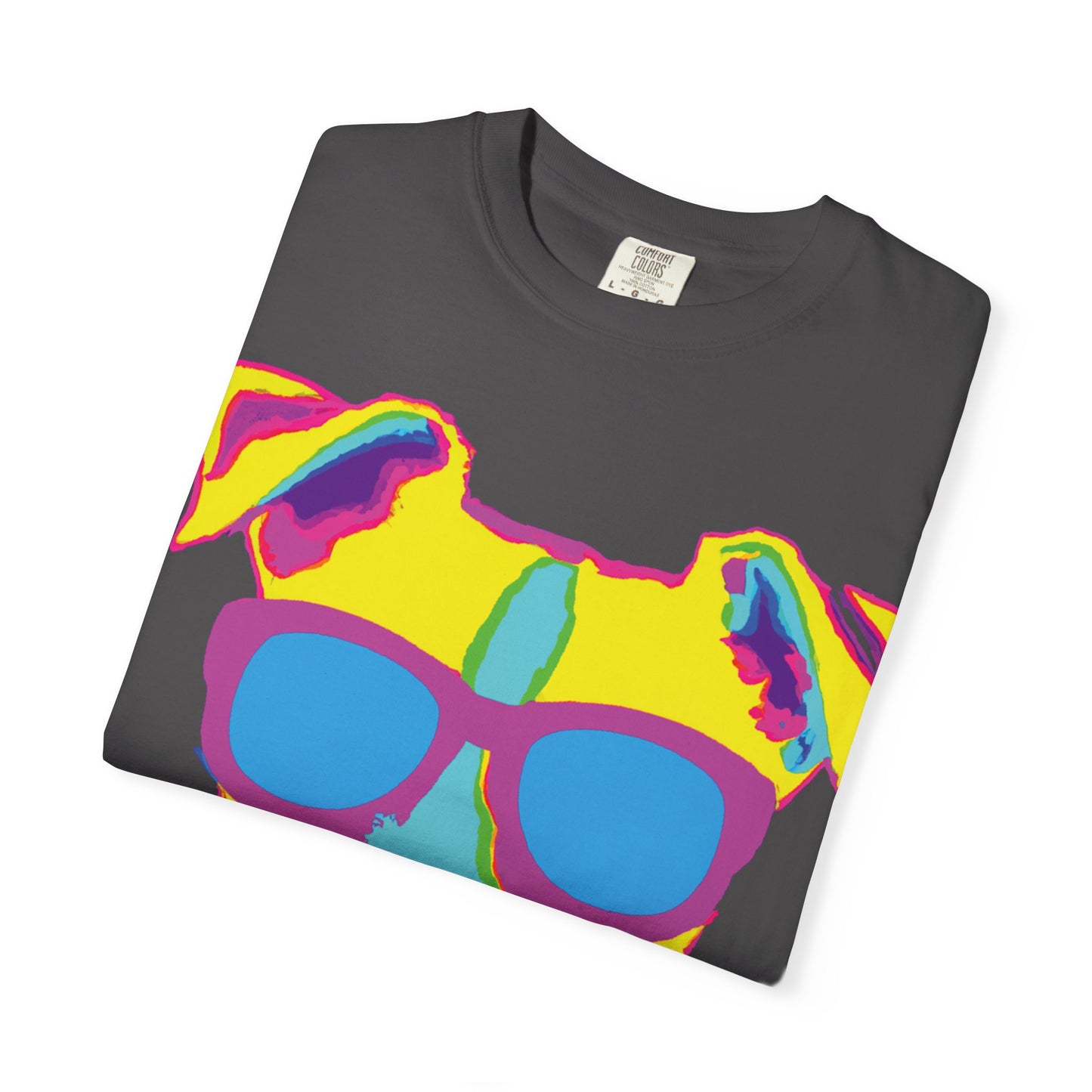 Dog Sunglasses Tee — Colorful Pop Art Dog T-Shirt (PLURout.com Back)