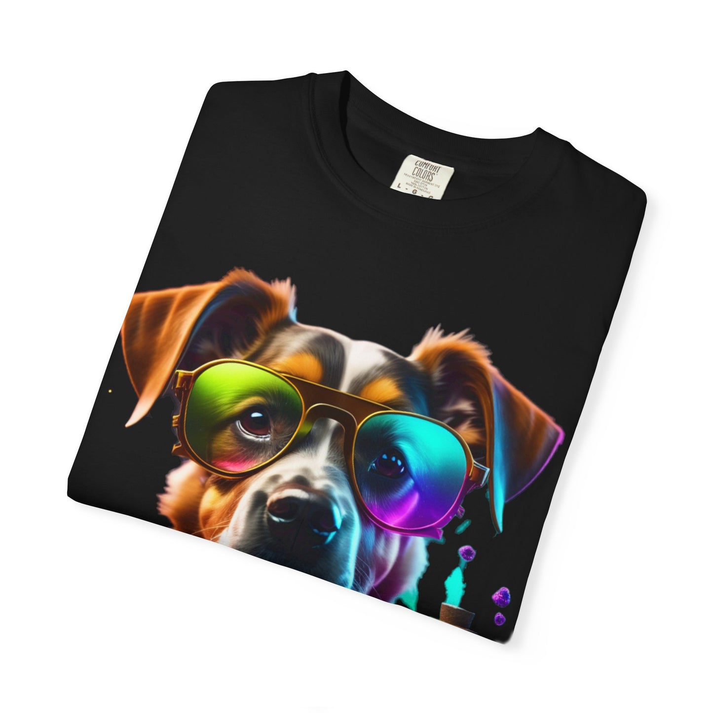 Dog Chemist Graphic T-Shirt — Colorful Lab Pup Design with 'Plurout.com' Backprint
