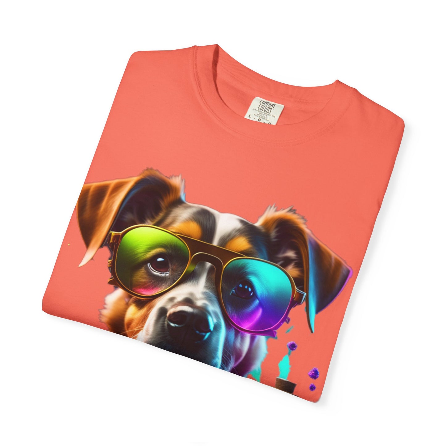 Dog Chemist Graphic T-Shirt — Colorful Lab Pup Design with 'Plurout.com' Backprint