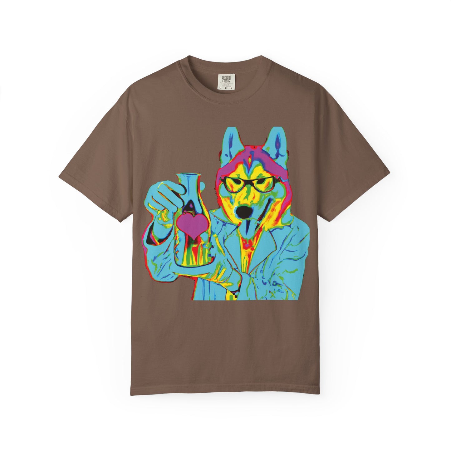 Psychedelic Husky Graphic T-Shirt — Colorful Scientist Dog Design