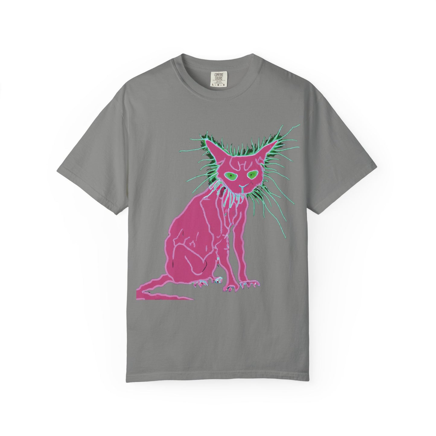 Sphynx Cat Graphic T-Shirt — Neon Pink & Green Punk Cat Design