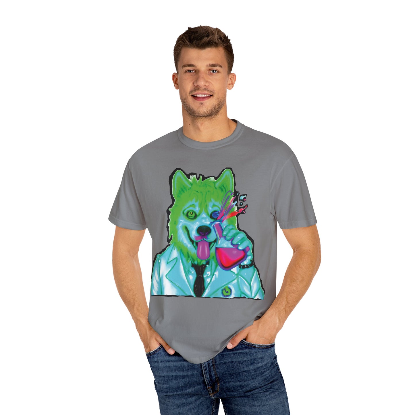 Chemist Wolf Graphic T-Shirt — Green Cartoon Animal Lab Art