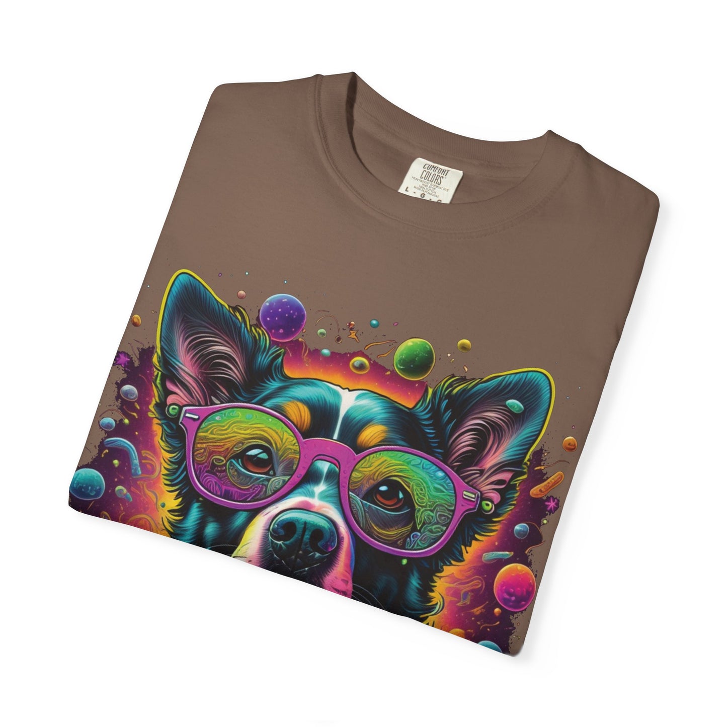 Psychedelic Dog Graphic T-Shirt — Vibrant Neon Pup Art Tee