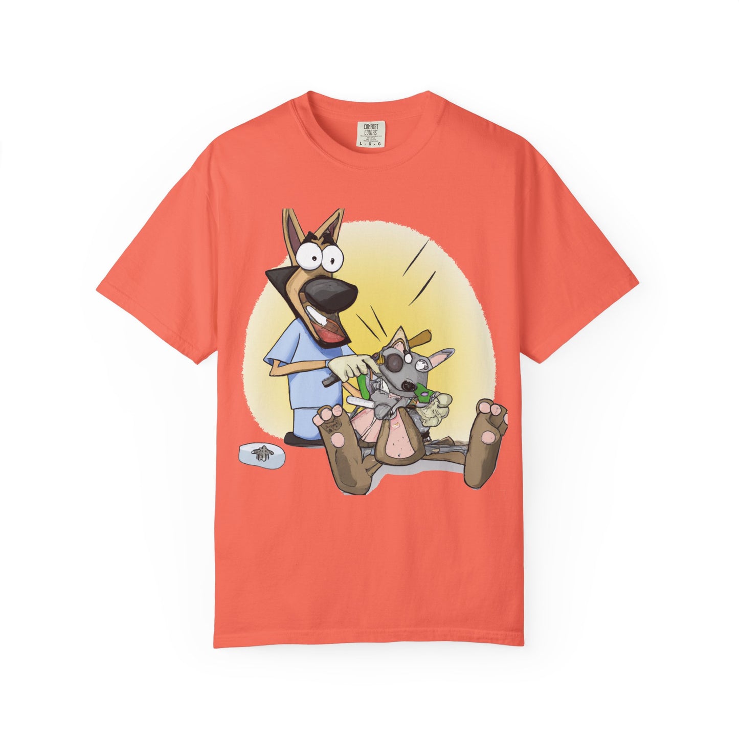 Funny Vet Dog T-Shirt — Cartoon Dog Grooming with 'PLuROUT.com' Back Print