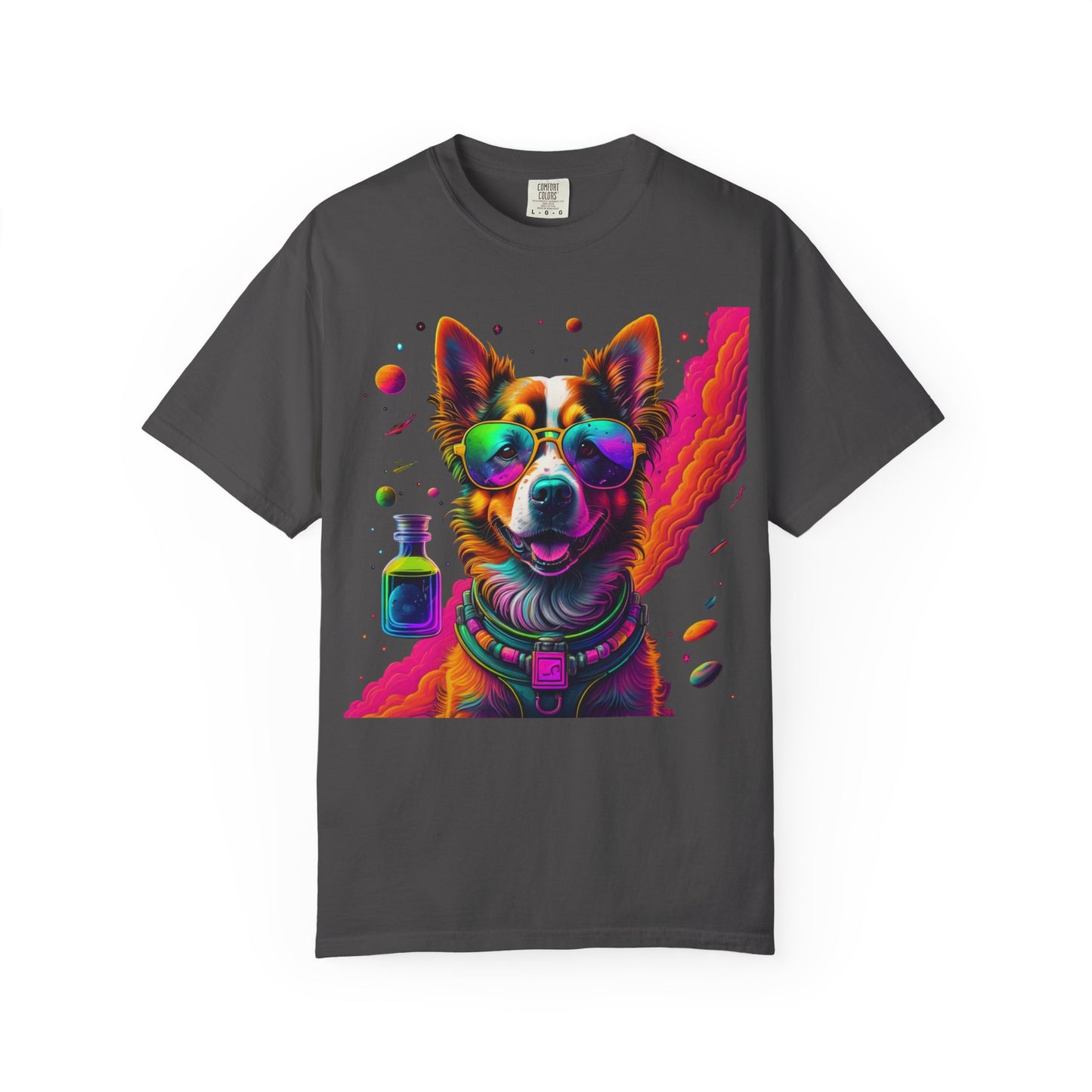 Psychedelic Dog Graphic Tee — Colorful Sunglasses Pup Print