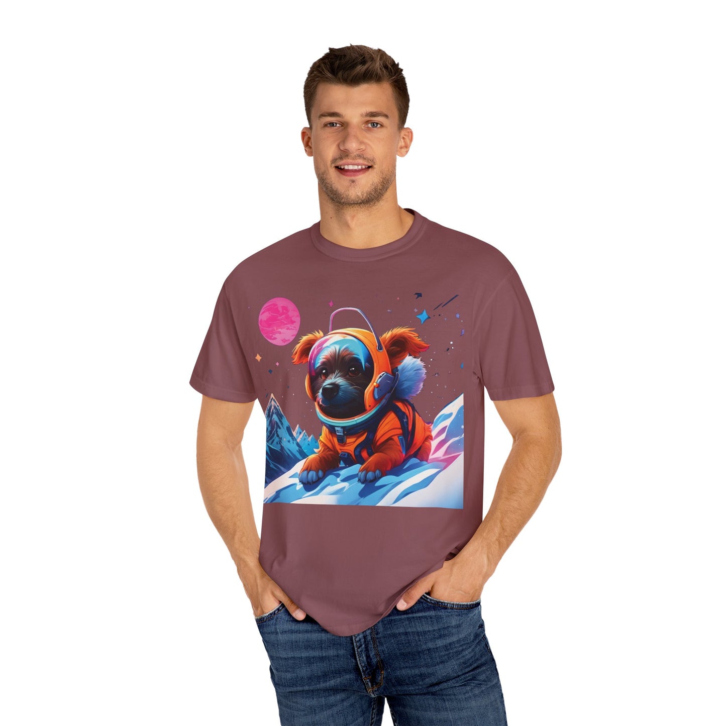 Astronaut Pug T-Shirt — Cute Space Dog Graphic Tee with PLUROUT.com Back Print