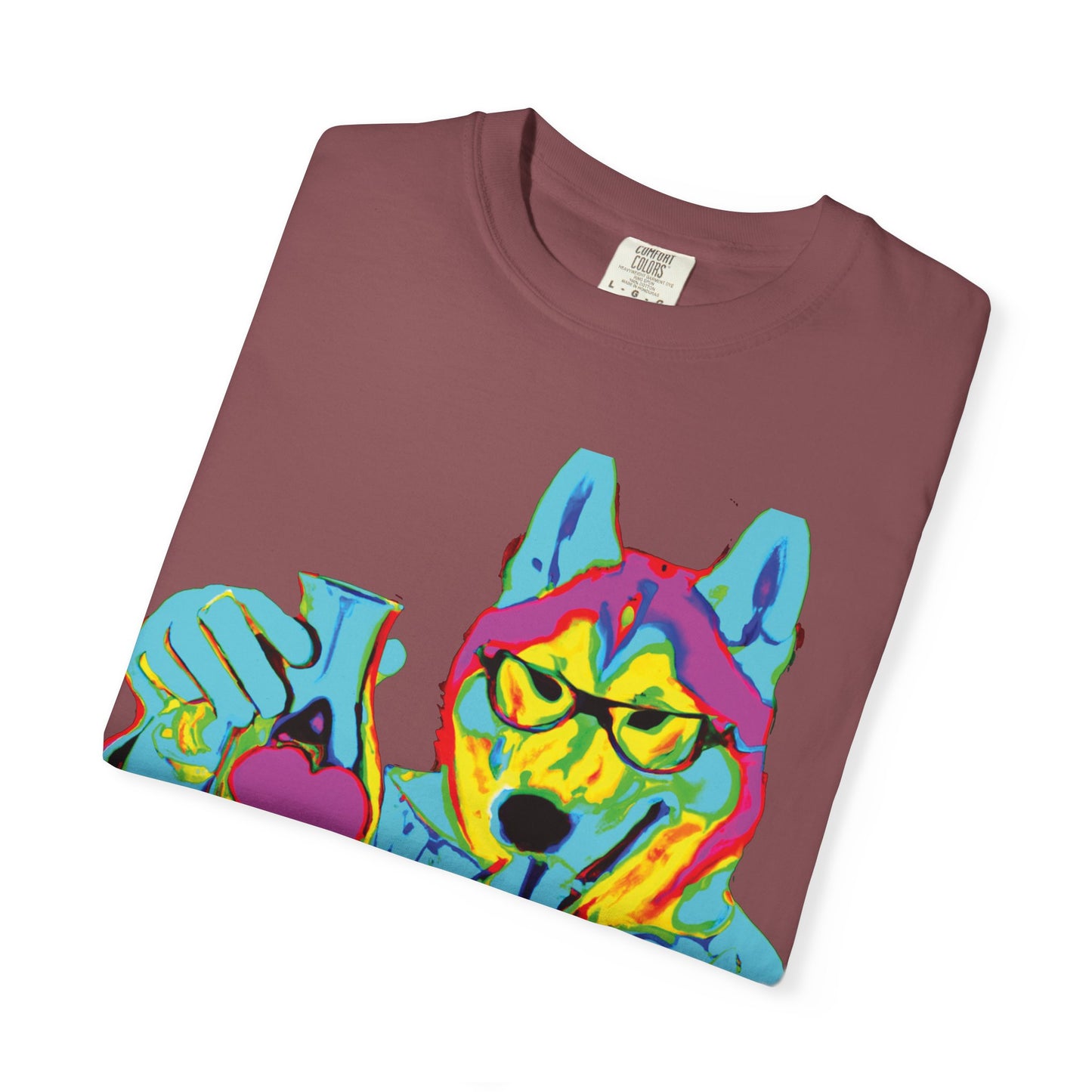 Psychedelic Husky Graphic T-Shirt — Colorful Scientist Dog Design