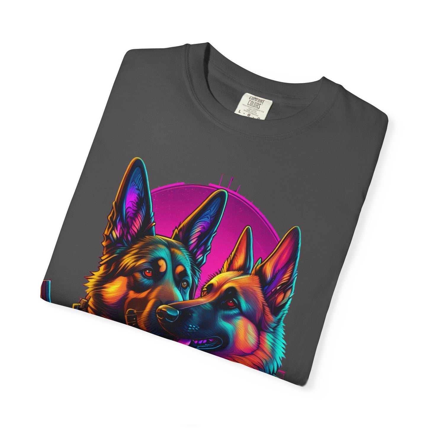 German Shepherd Duo T‑Shirt — Neon Retro K9 Art