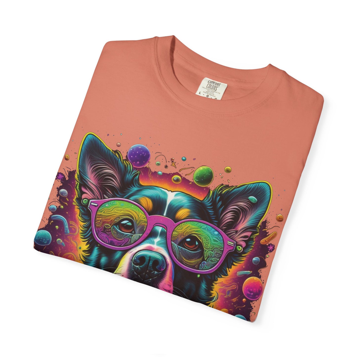 Psychedelic Dog Graphic T-Shirt — Vibrant Neon Pup Art Tee