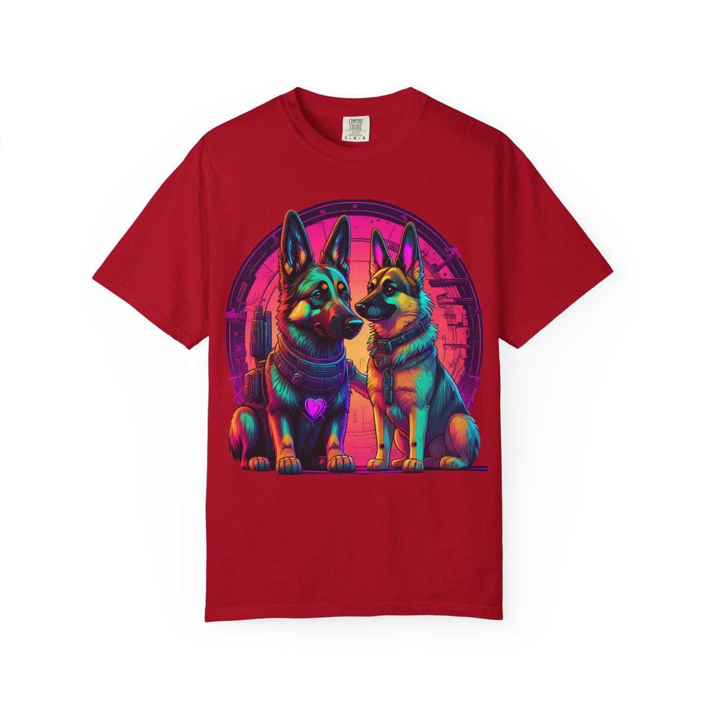 German Shepherd T-Shirt — Neon Retro Dog Duo Graphic Tee
