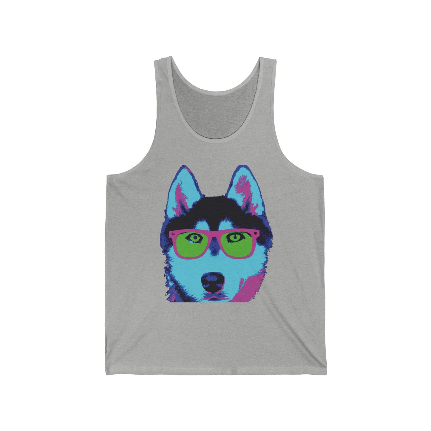 Pop Art Husky Tank Top — Colorful Dog Face Tank with 'Plurout.com' Accent