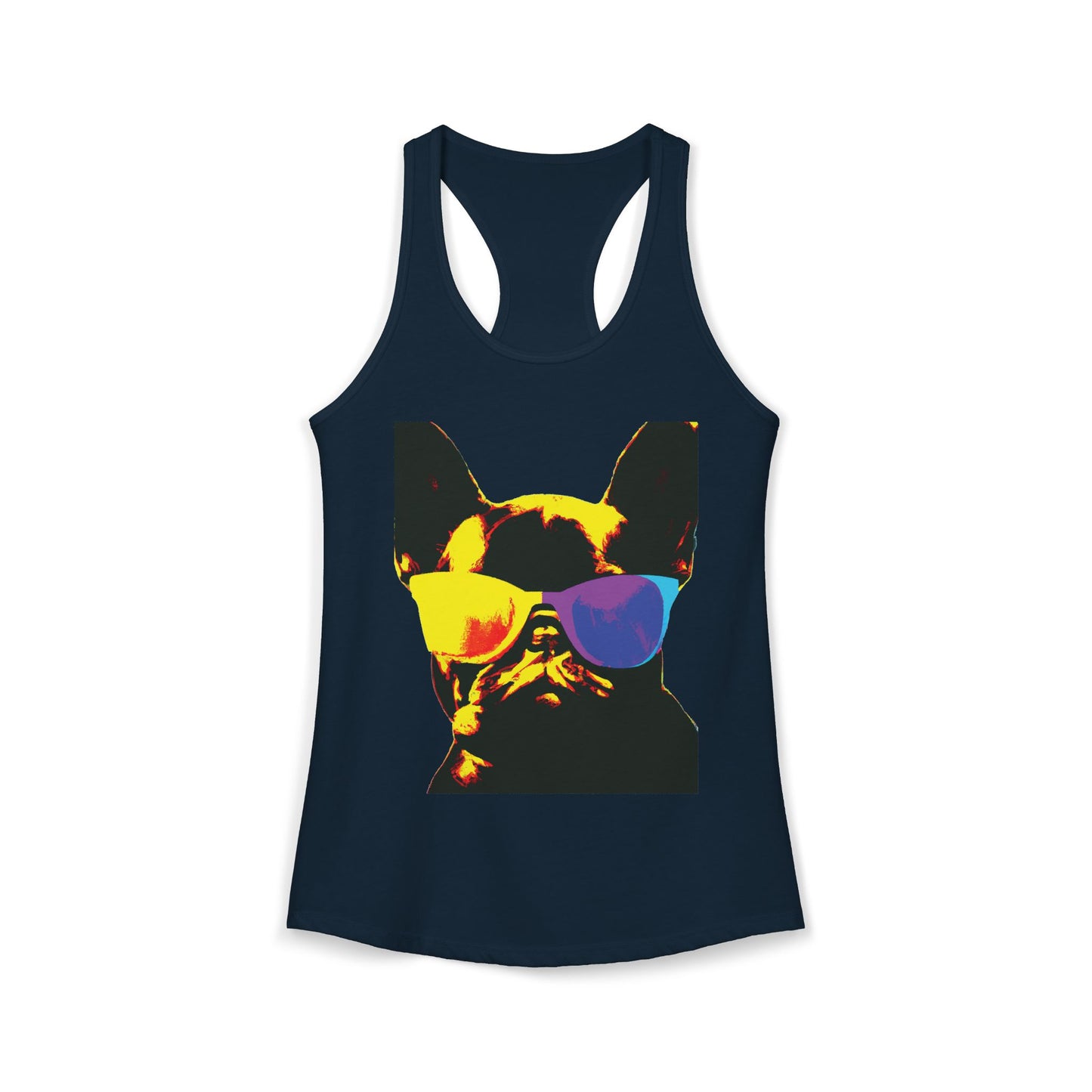 Gold Frenchie Graphic Racerback Tank — "Cool Glasses" French Bulldog Design