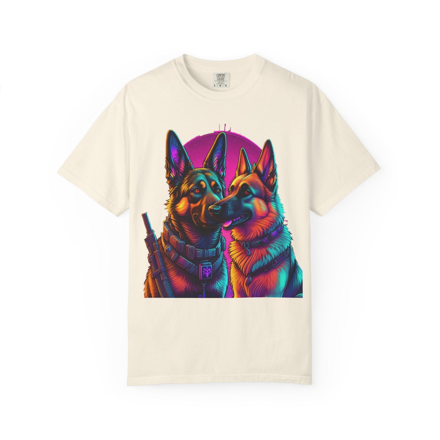 German Shepherd Duo T‑Shirt — Neon Retro K9 Art