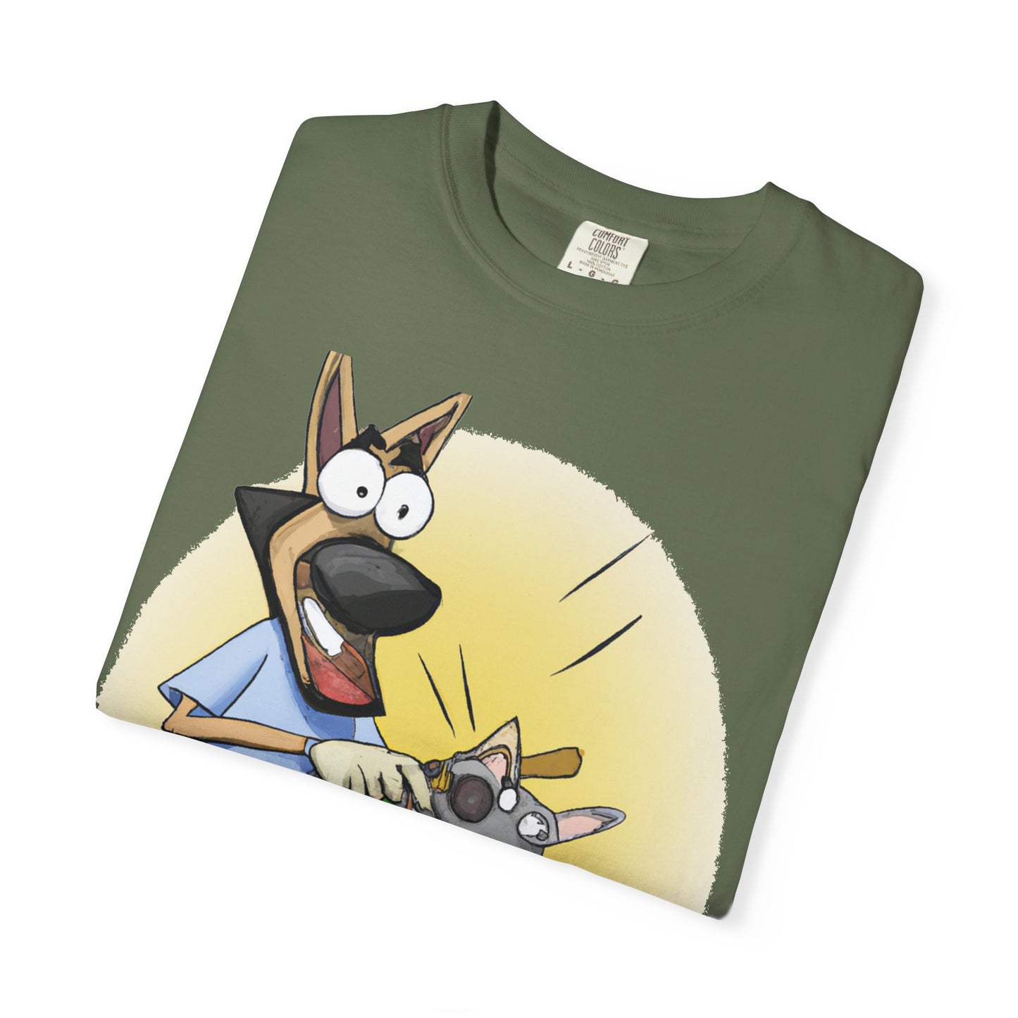 Funny Vet Dog T-Shirt — Cartoon Dog Grooming with 'PLuROUT.com' Back Print