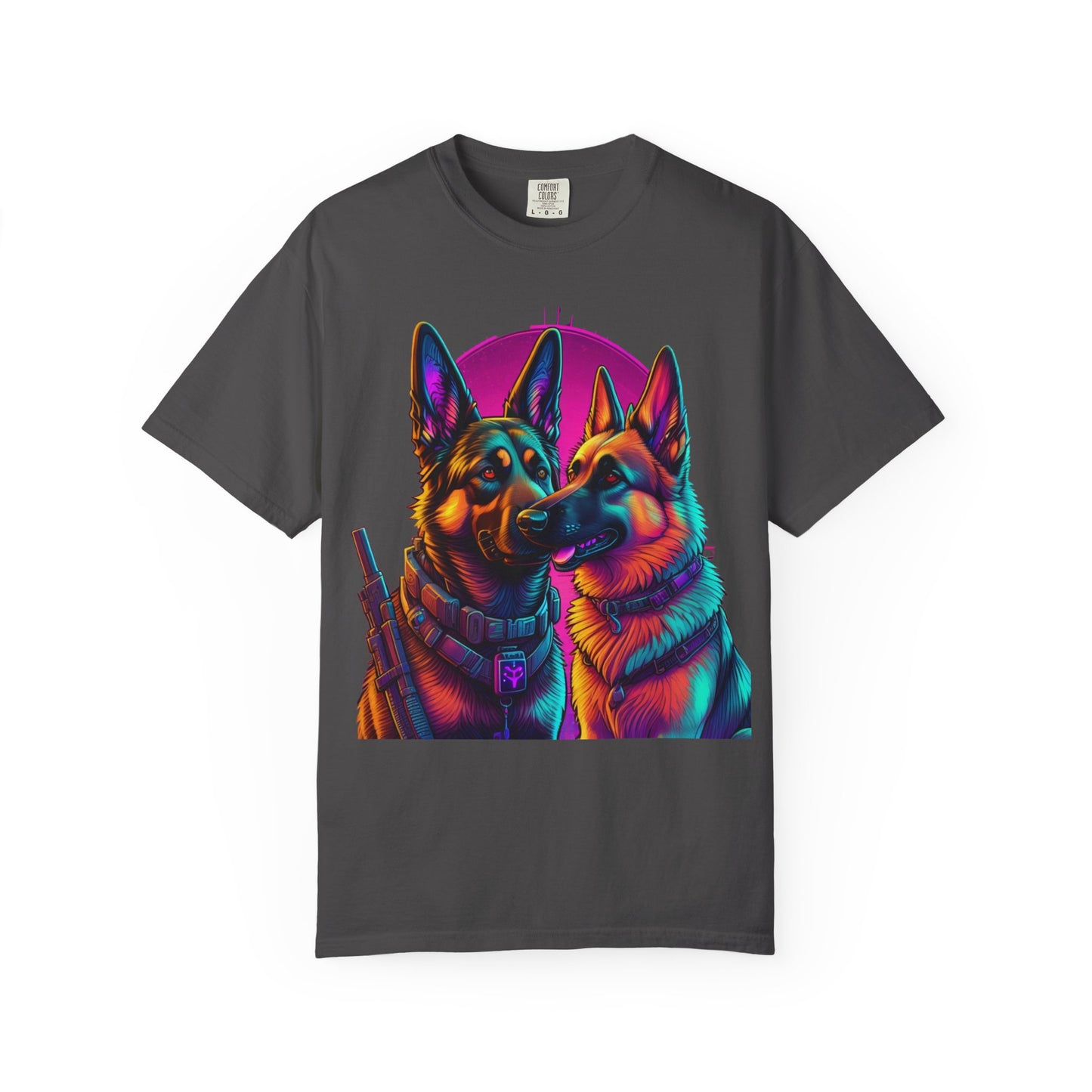 German Shepherd Duo T‑Shirt — Neon Retro K9 Art