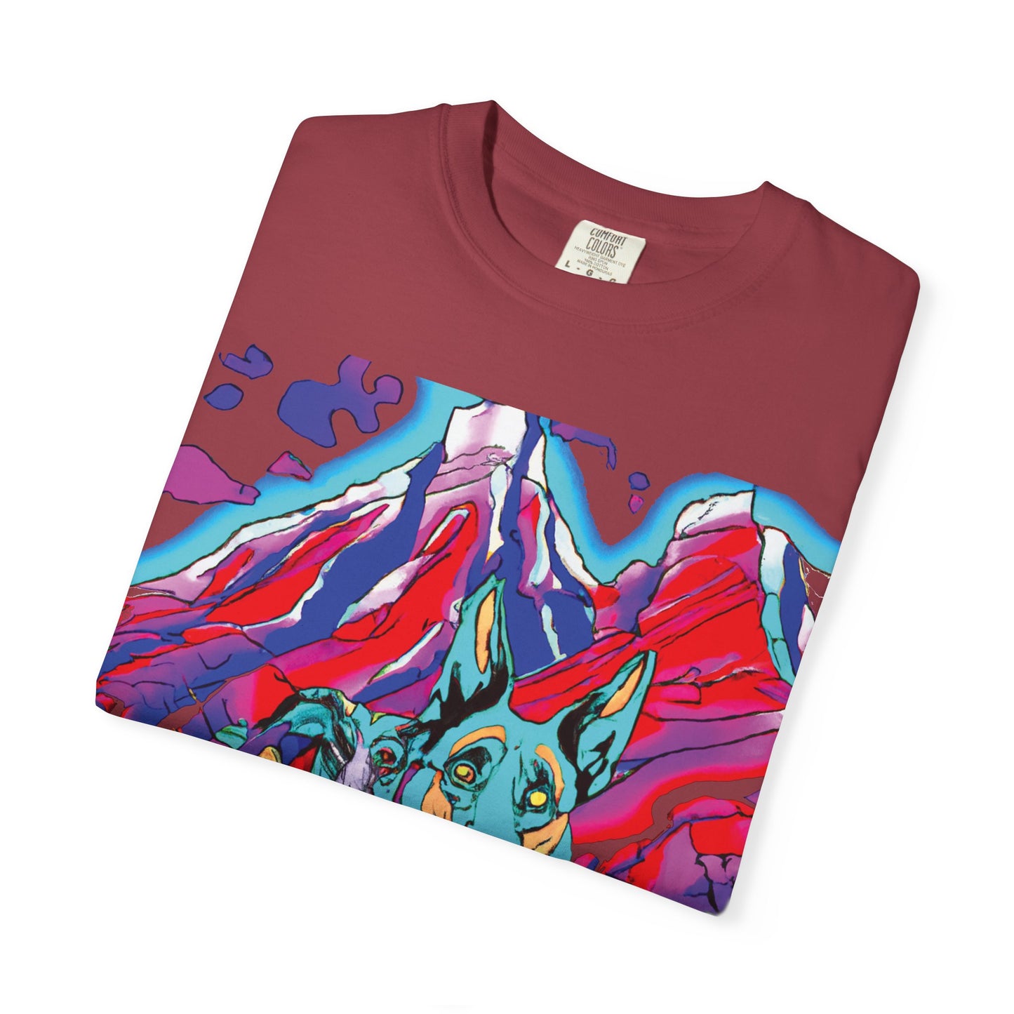 Psychedelic Mountain German Shepherd T-Shirt — Colorful Graphic Tee with Bold Back Script
