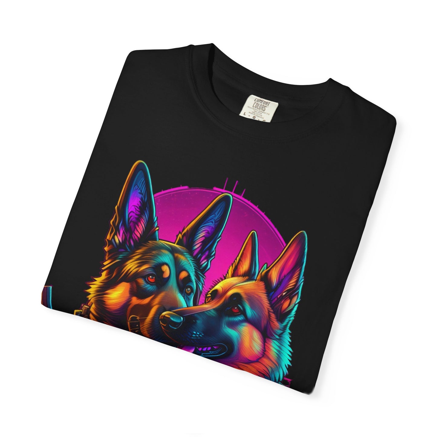 German Shepherd Duo T‑Shirt — Neon Retro K9 Art