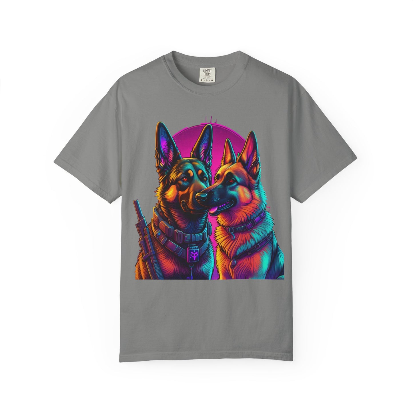 German Shepherd Duo T‑Shirt — Neon Retro K9 Art