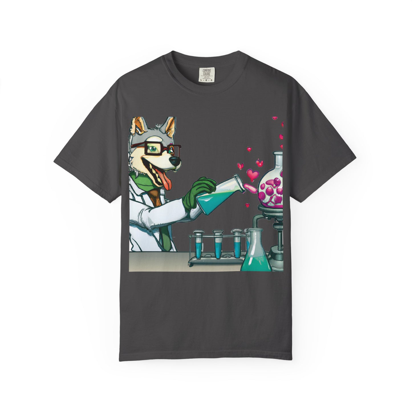 Chemist Dog T-Shirt — Cute Lab Scientist Pouring Love (Plurout.com Back Print)