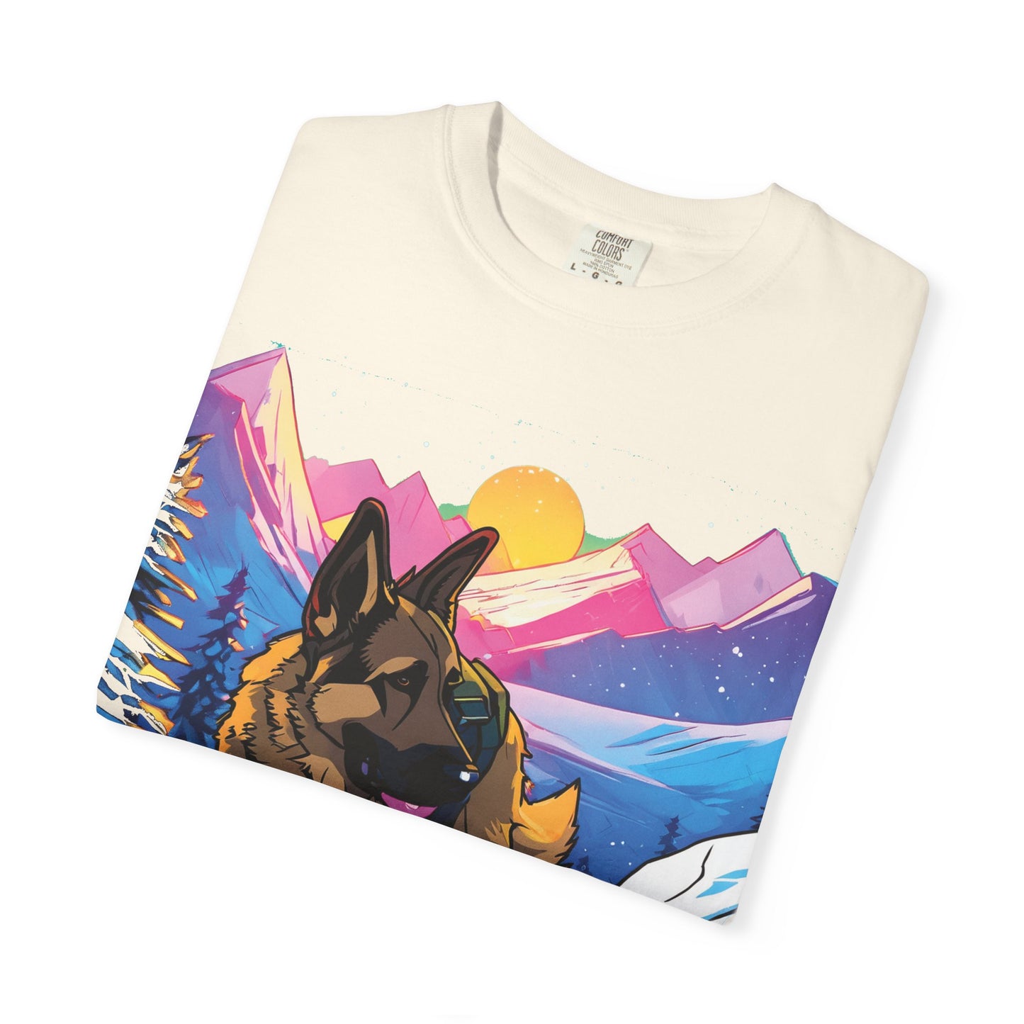 German Shepherd Mountain Sunset T-Shirt — Scenic Dog Graphic Tee