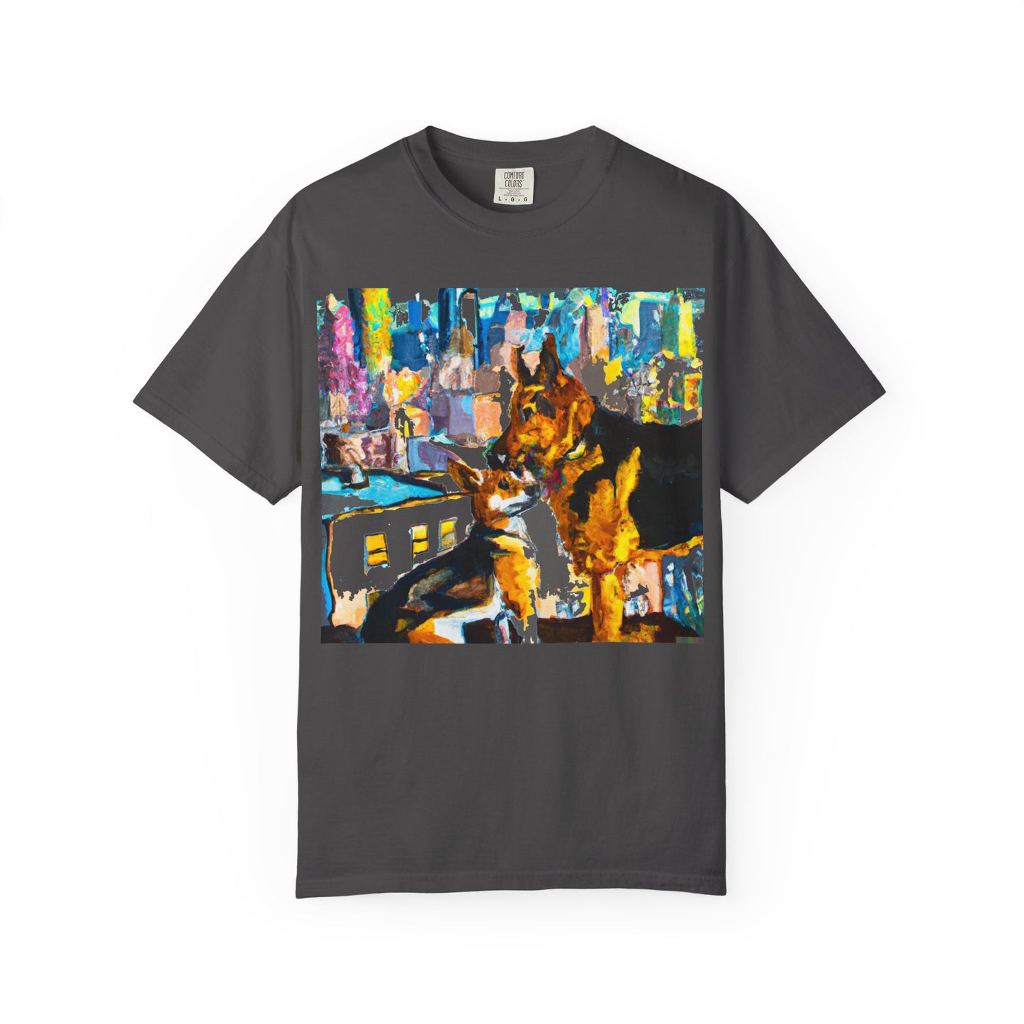 Dog Art T-Shirt — Colorful Urban Canine Print (Back Logo "PLUKOUT.com")