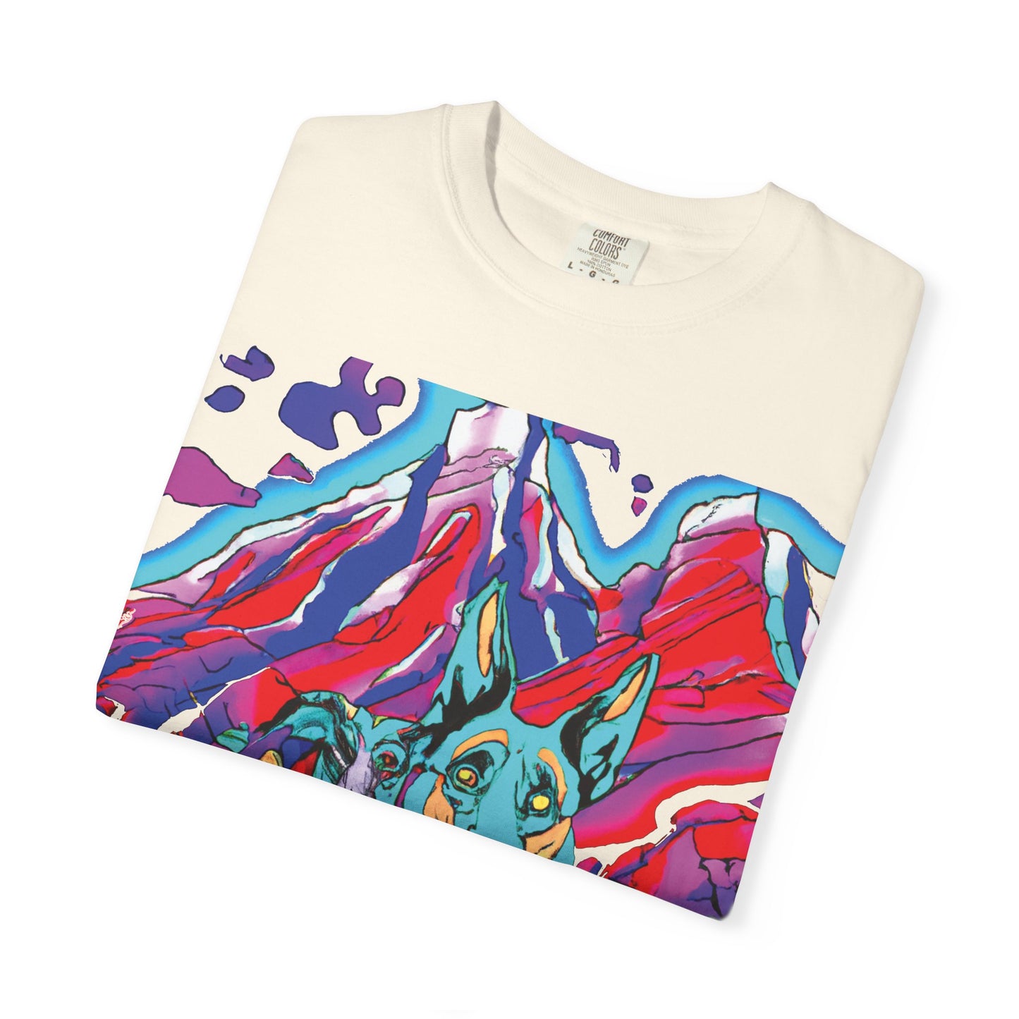 Psychedelic Mountain German Shepherd T-Shirt — Colorful Graphic Tee with Bold Back Script
