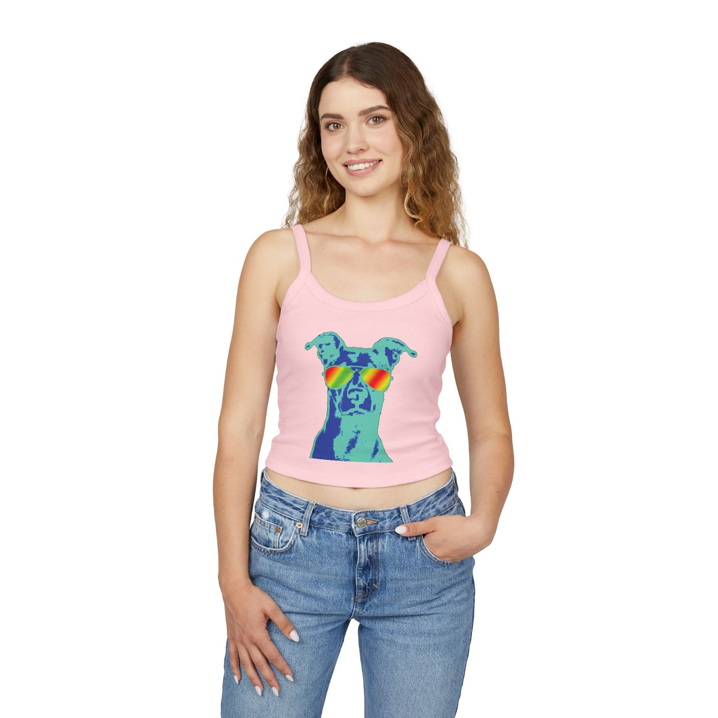 Dog Sunglasses Crop Tank Top — Colorful Summer Pup Graphic