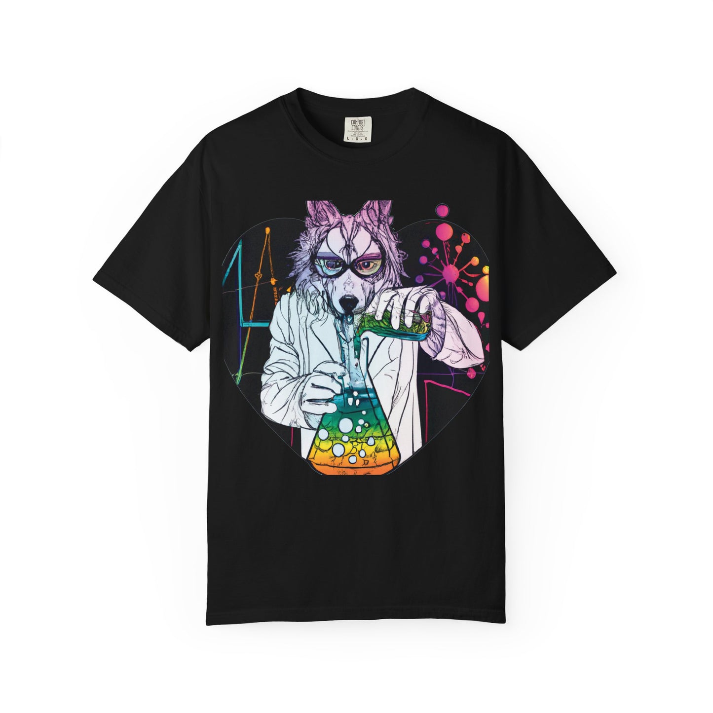 Science Wolf Heart T-Shirt — Colorful Mad Scientist Wolf Graphic Tee