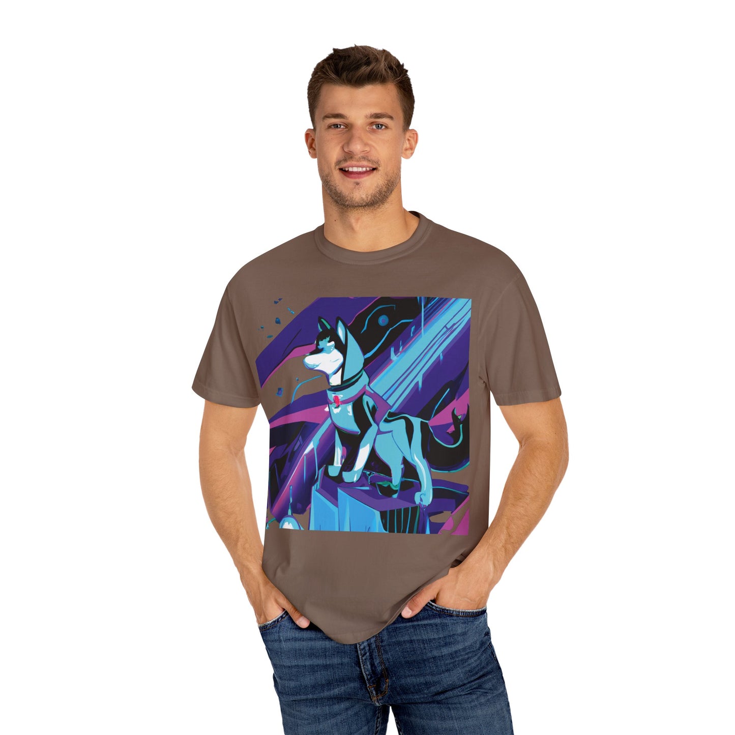 Arctic Husky Graphic T‑Shirt — Neon Cyber Wolf Design