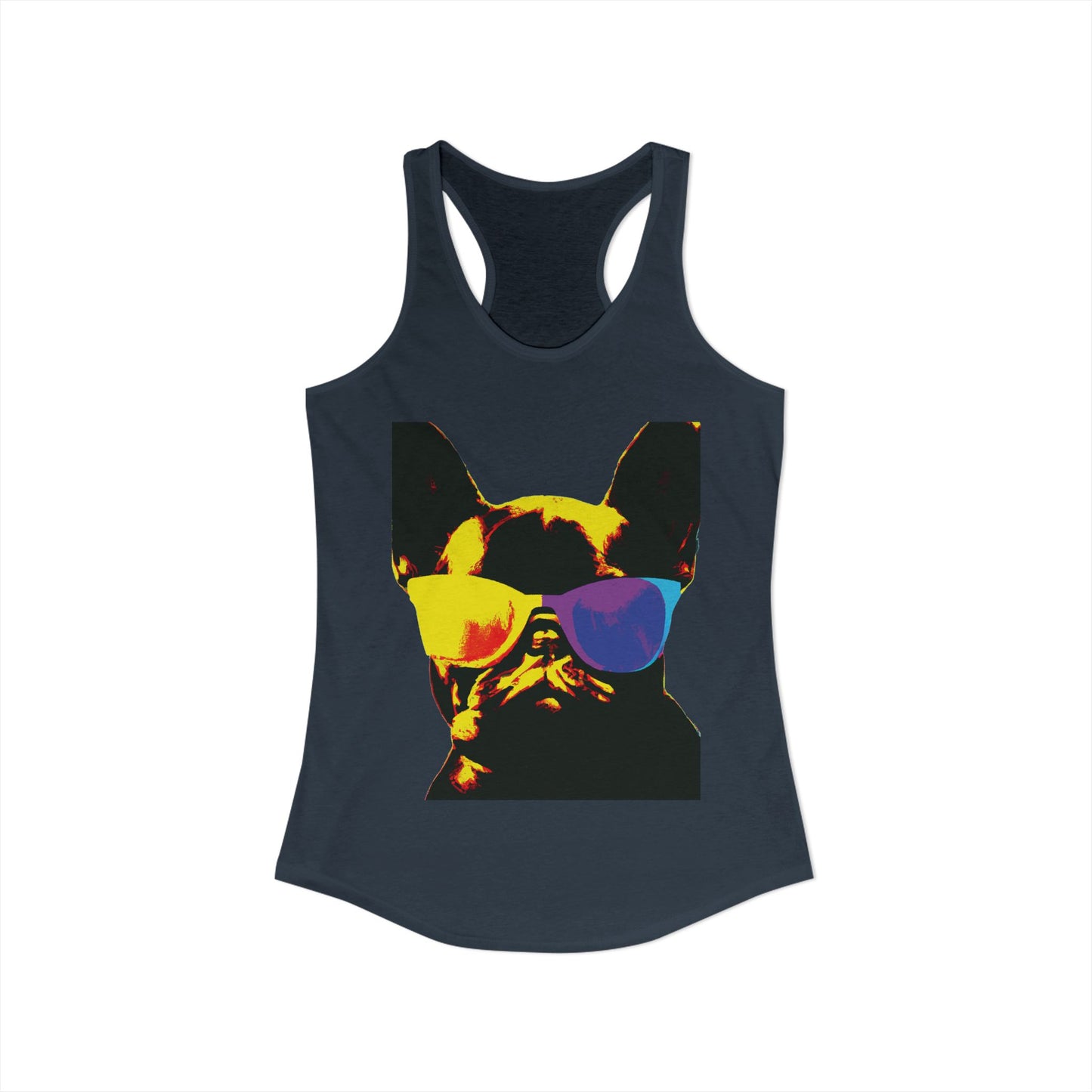 Gold Frenchie Graphic Racerback Tank — "Cool Glasses" French Bulldog Design