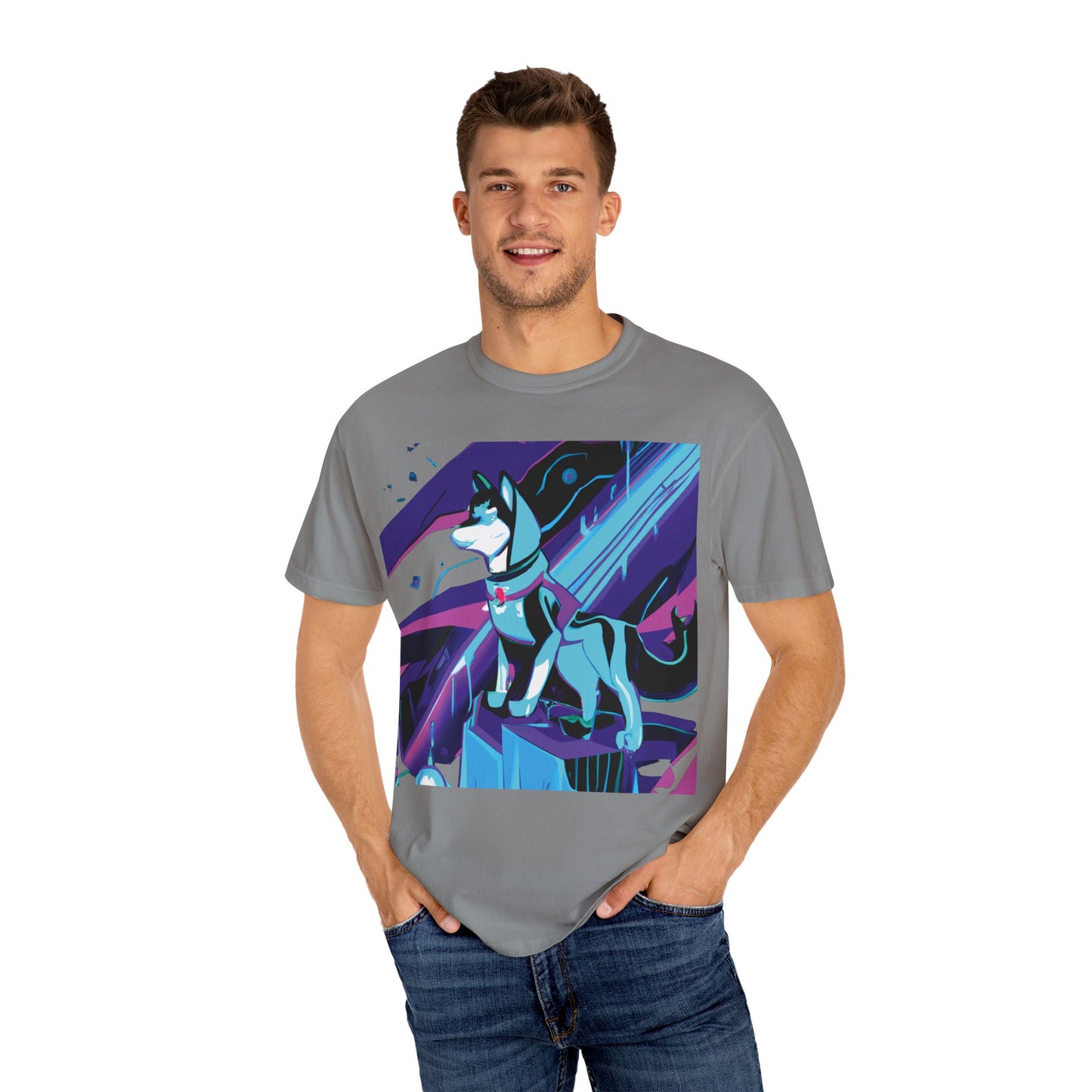 Arctic Husky Graphic T‑Shirt — Neon Cyber Wolf Design