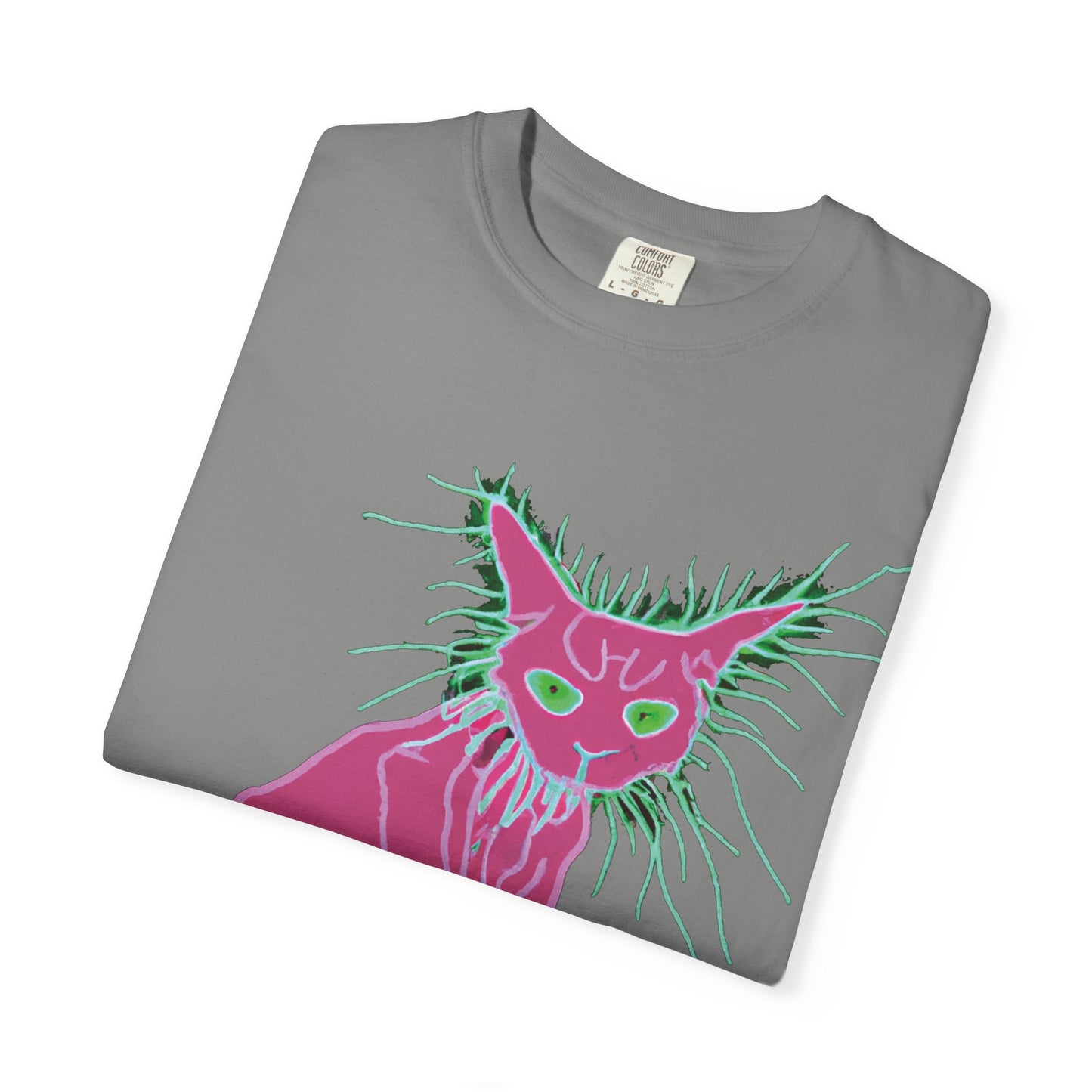 Sphynx Cat Graphic T-Shirt — Neon Pink & Green Punk Cat Design