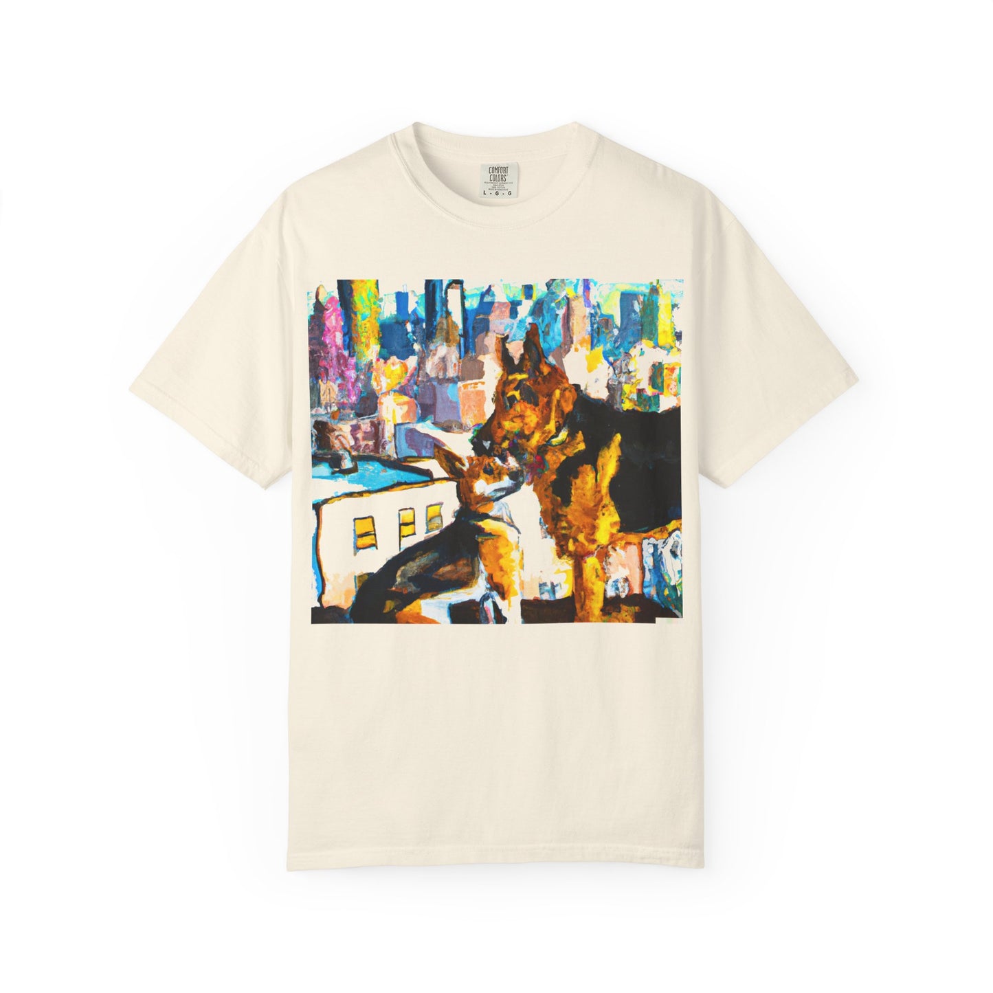 Dog Art T-Shirt — Colorful Urban Canine Print (Back Logo "PLUKOUT.com")